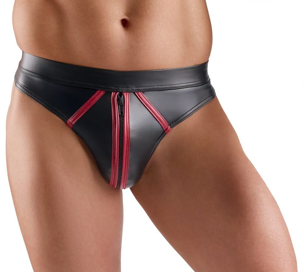 Svenjoyment String Wetlook String mit Reißverschluss - schwarz, rot (1-St) Stylische rote Kontraststreifen vorne