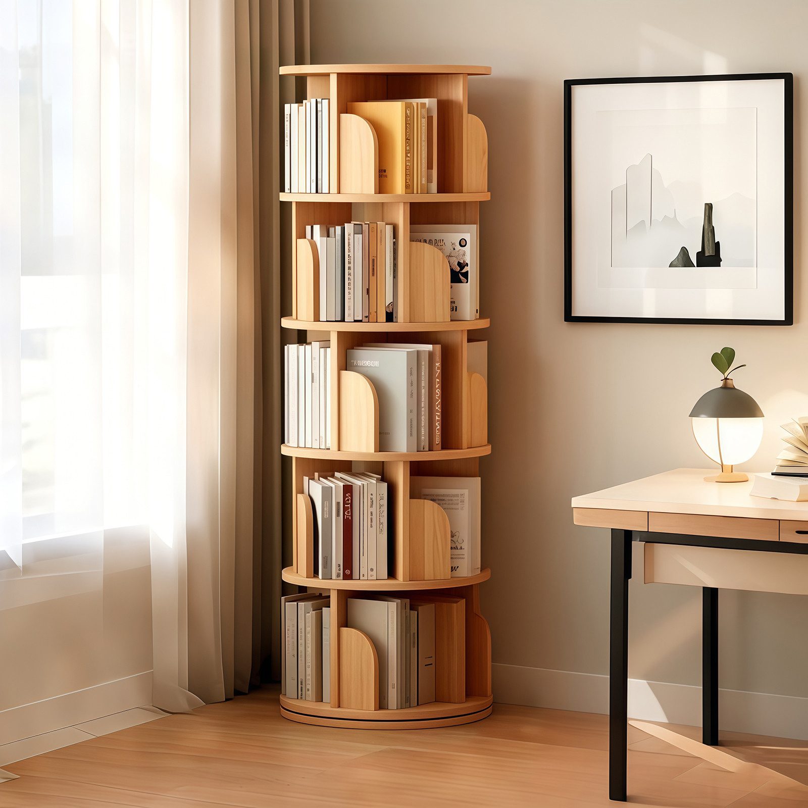 BBWL Bücherregal 360° mit 5 Ebenen aus MDF, platzsparender Bücherturm, Drehbares Bücherregal für Wohnzimmer Schlafzimmer Büro