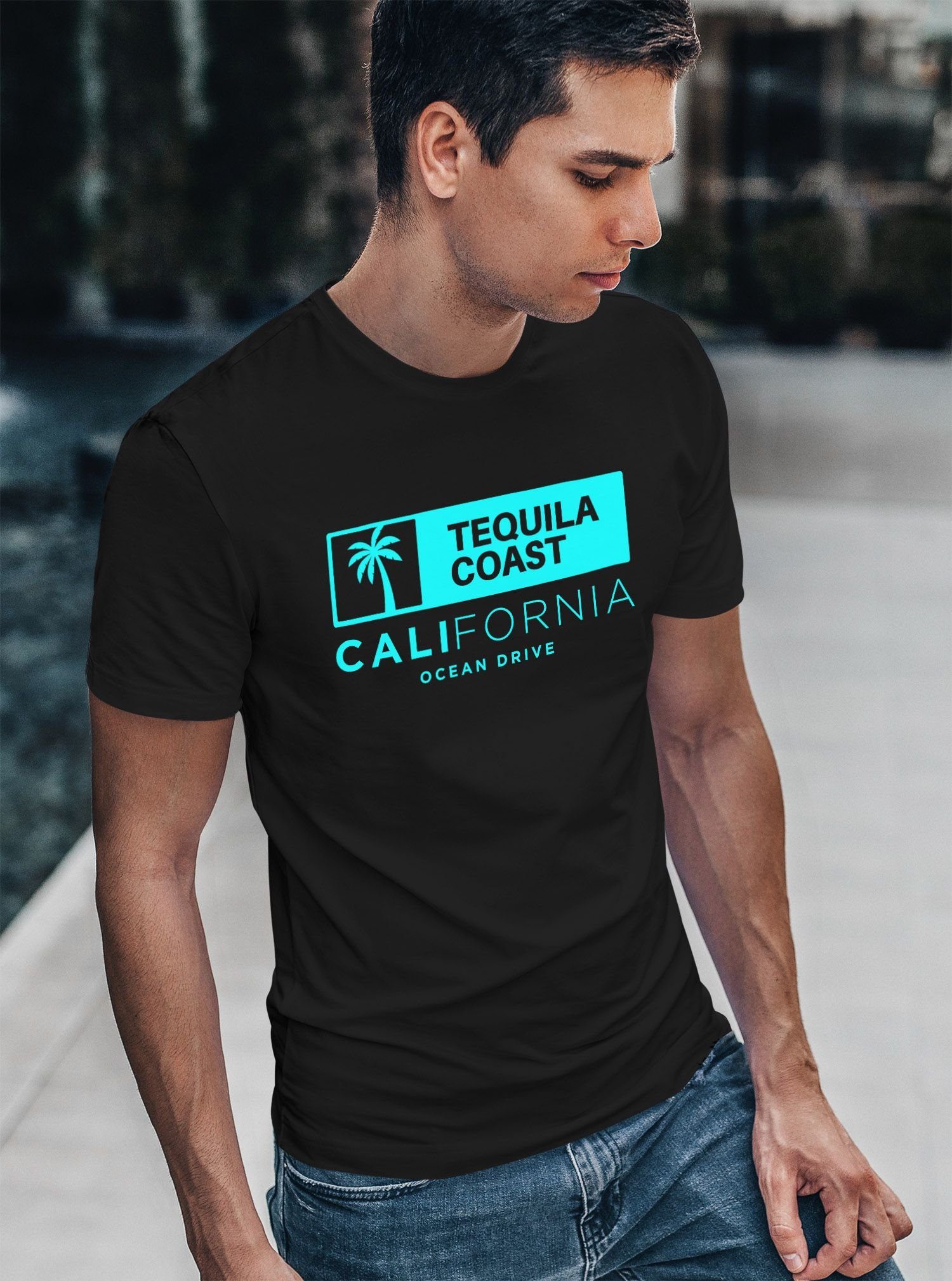 Herren California Neverless® schwarz Print-Shirt Fashion Streetstyle Kalifornien T-Shirt Ocean Palme Drive Neverless Sommer Print mit