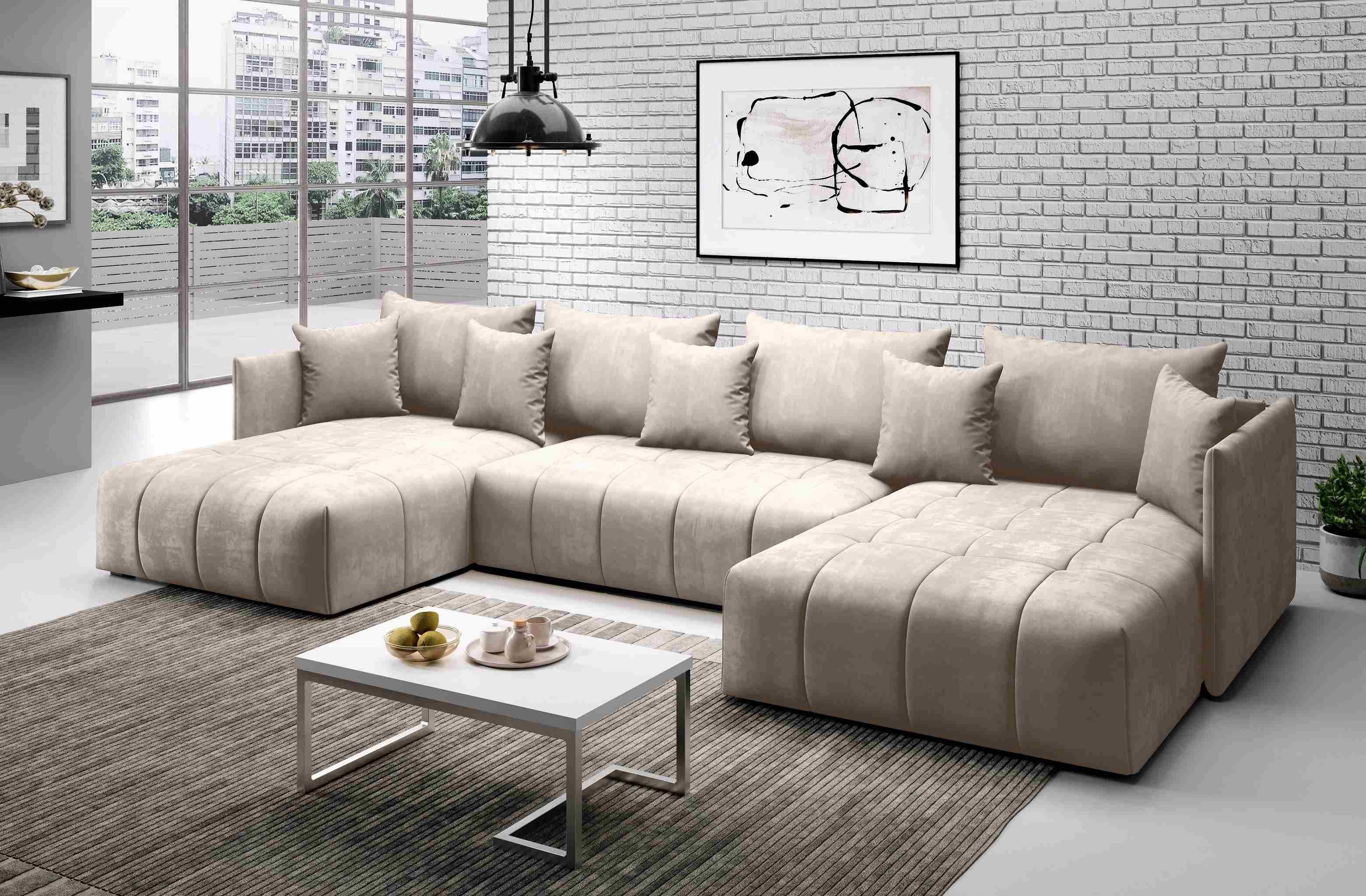 Furnix Ecksofa U-Form-Sofa ASVIL mit Schlaffunktion und Bettkasten, Farbauswahl, B353 x H80 x T180 cm, Made in Europe Beige EN01