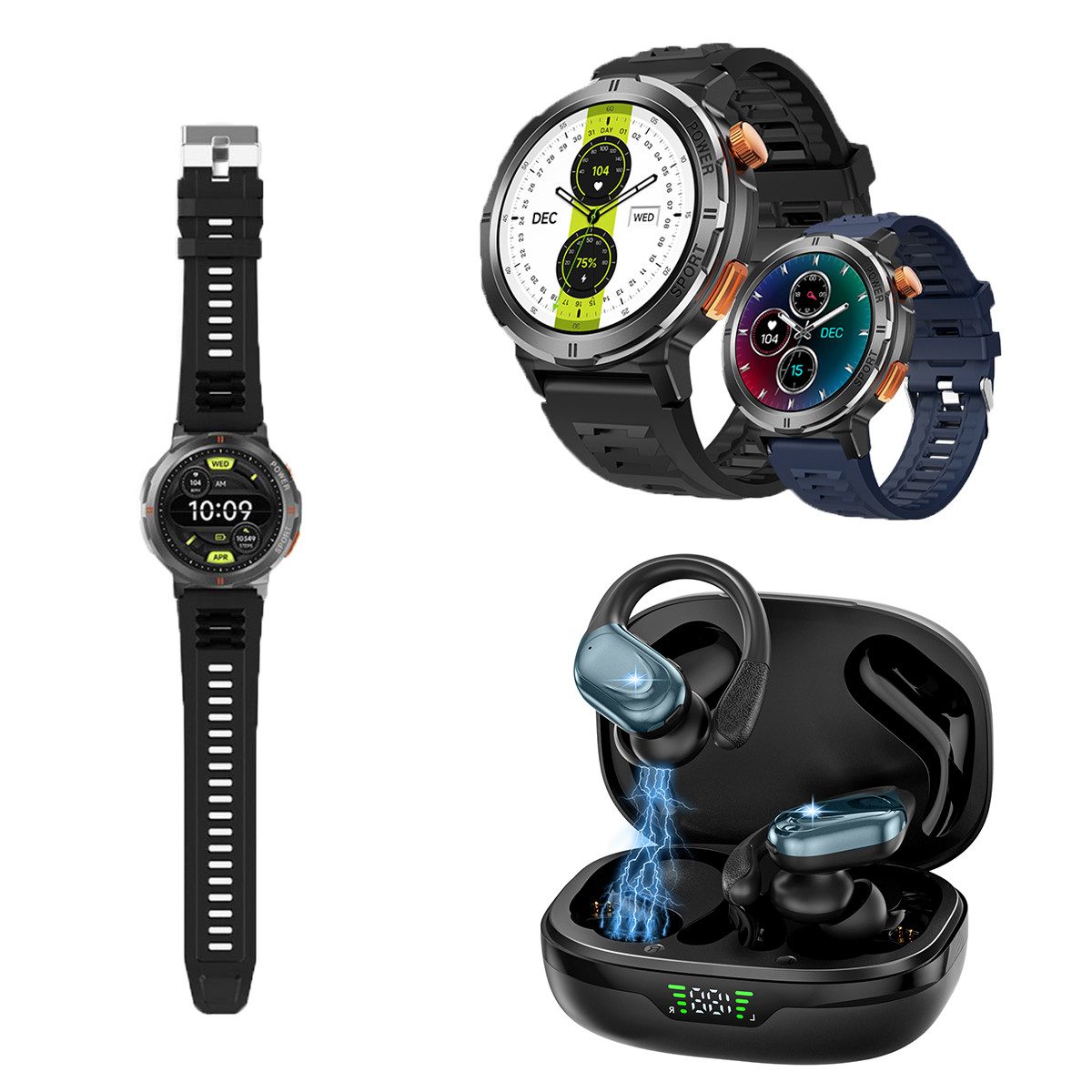 HYIEAR Smartwatch für Damen und Herren, IP68 wasserdicht, Bluetooth-Headset Smartwatch (Android), mit austauschbaren Armbandern, Ladekabeln Drei Paar Ohrstópse, Fitnessuhr