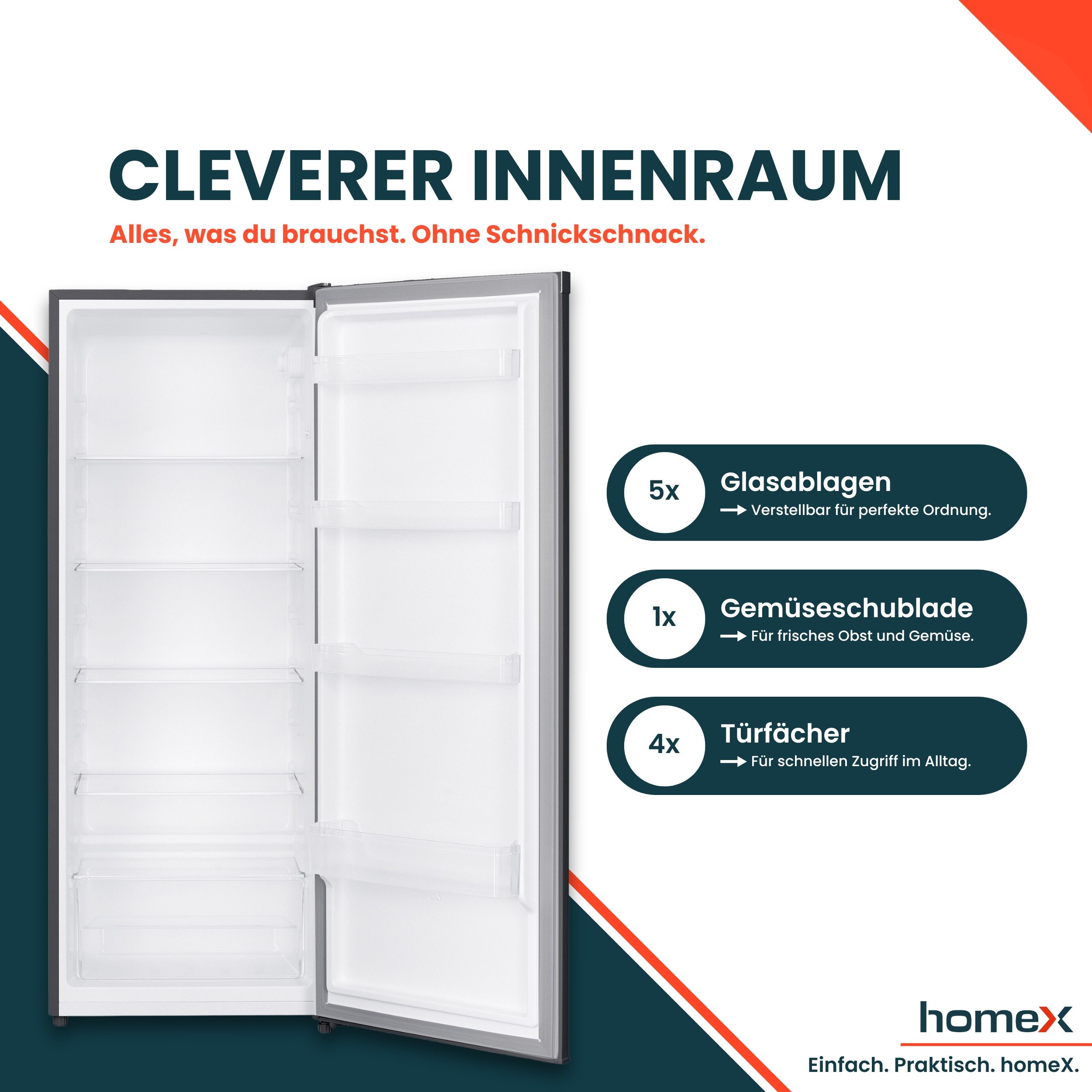 homeX Kühlschrank CS2422E-S, 143 cm hoch, 54.5 cm breit, 242 L, Vollraumkühlschrank ohne Gefrierfach groß, freistehend, 37 dB