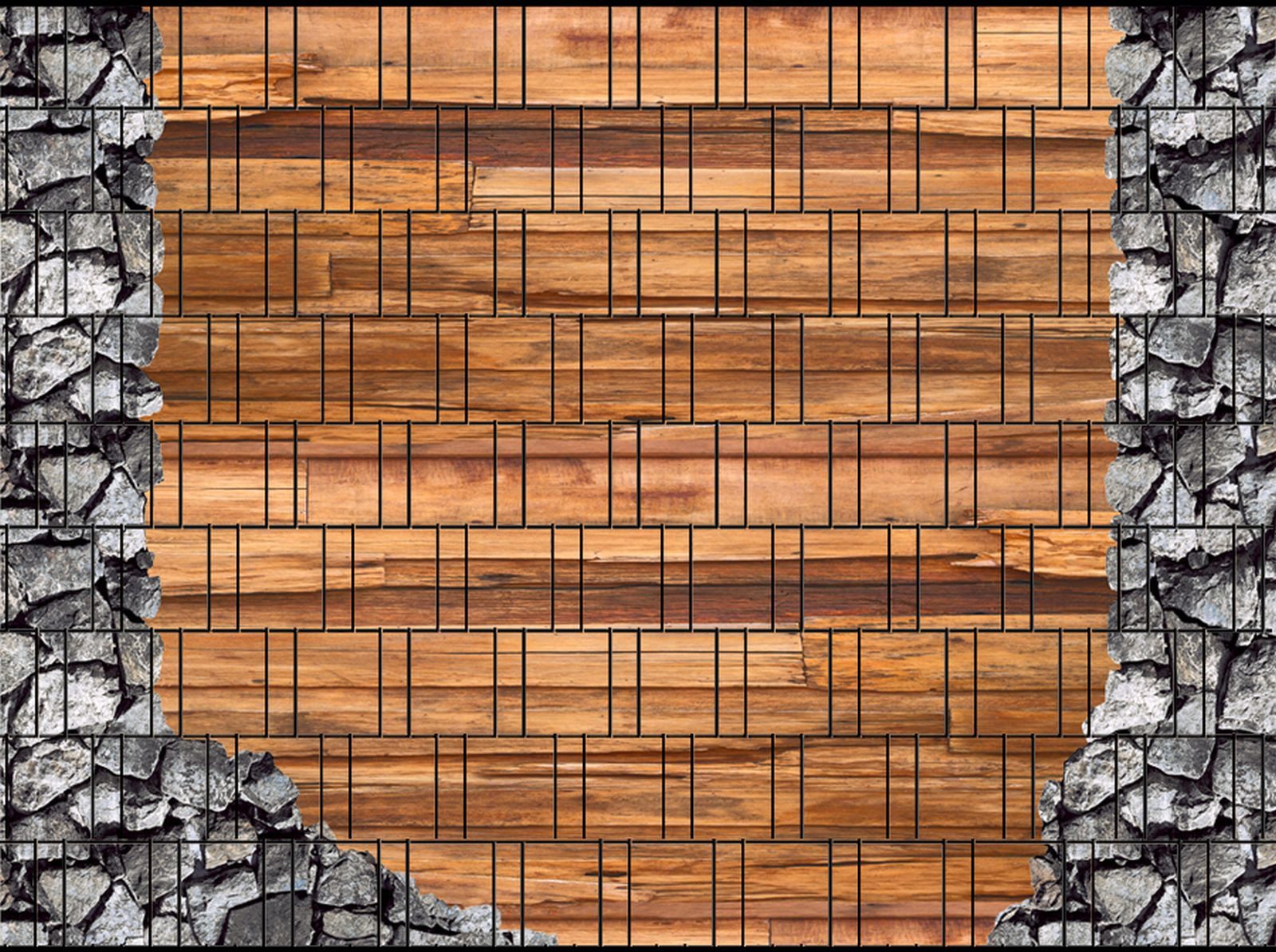 zaunzu Sichtschutzstreifen Holz & Bruchstein - Bedruckter Sichtschutz 2,5m x 1,8m, (1 Rolle, Motivdruck Sichtschutzstreifen), Fotodruck für Doppelstabgitter