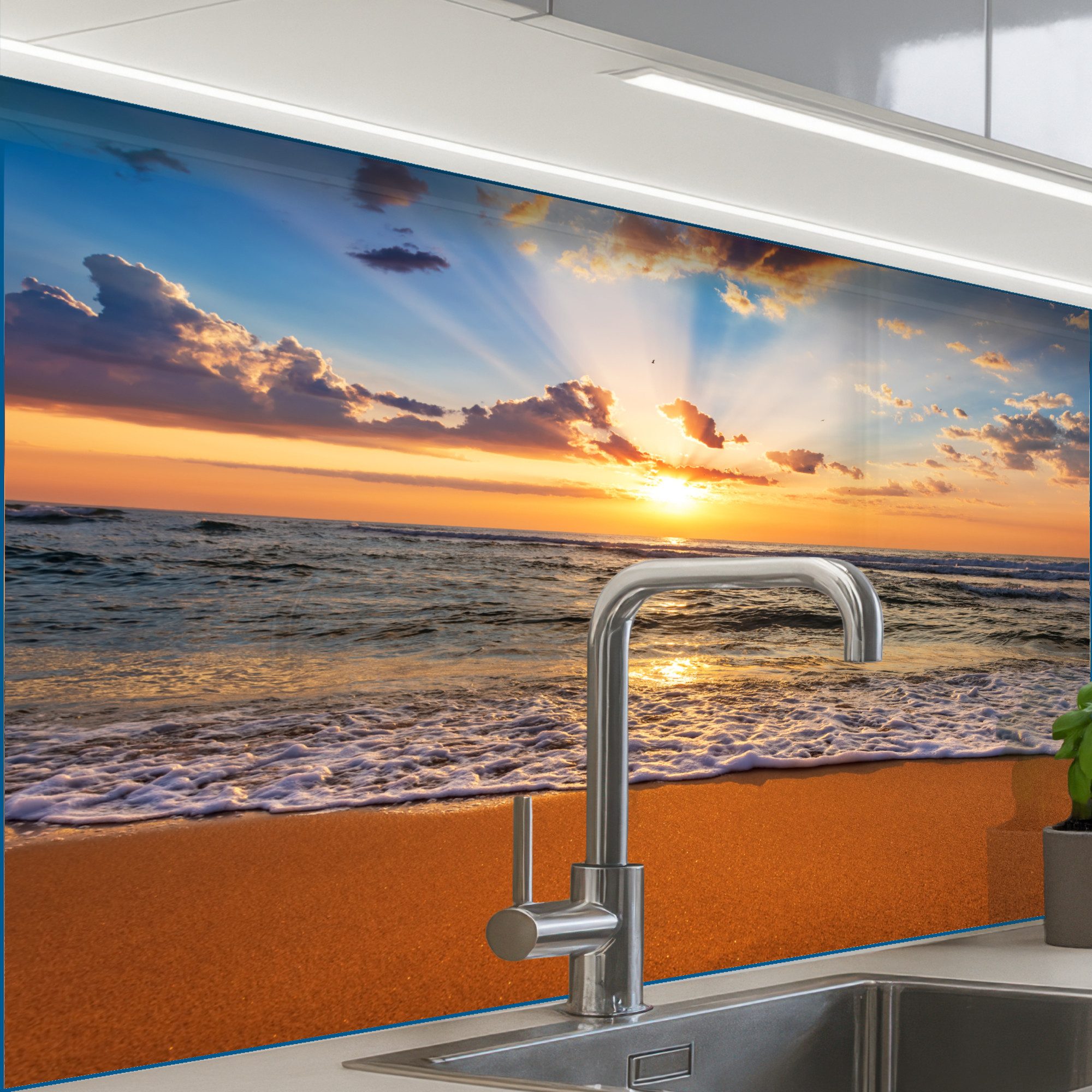 KitchenYeah Küchenrückwand selbstklebend Strand - Sonnenuntergang - Meer - Wolken - Horizont, (1-tlg), Spritzschutz, Küche, Rückwand, Küchenwand, Küchenfront, 80x60 cm