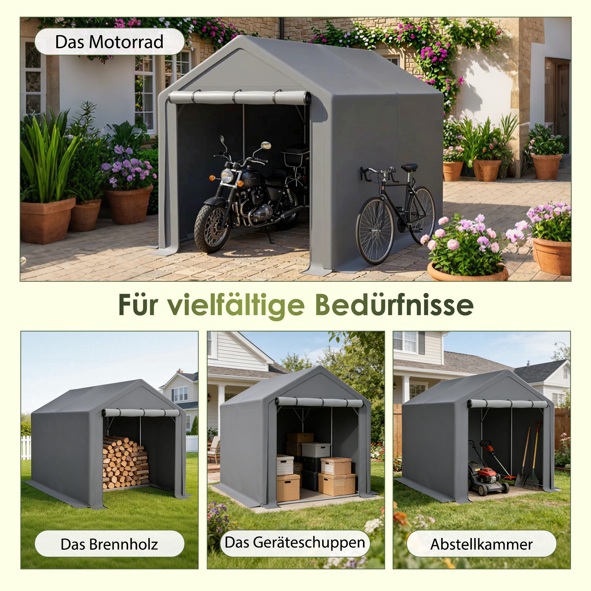 Blossom Gerätehaus Geräteschuppen Multifunktions 296x190x200cm Fahrradgarage wetterfest, Werkzeugzelt Lagerzelt wasserdicht & UV-beständig Metallrahmen Rolltor