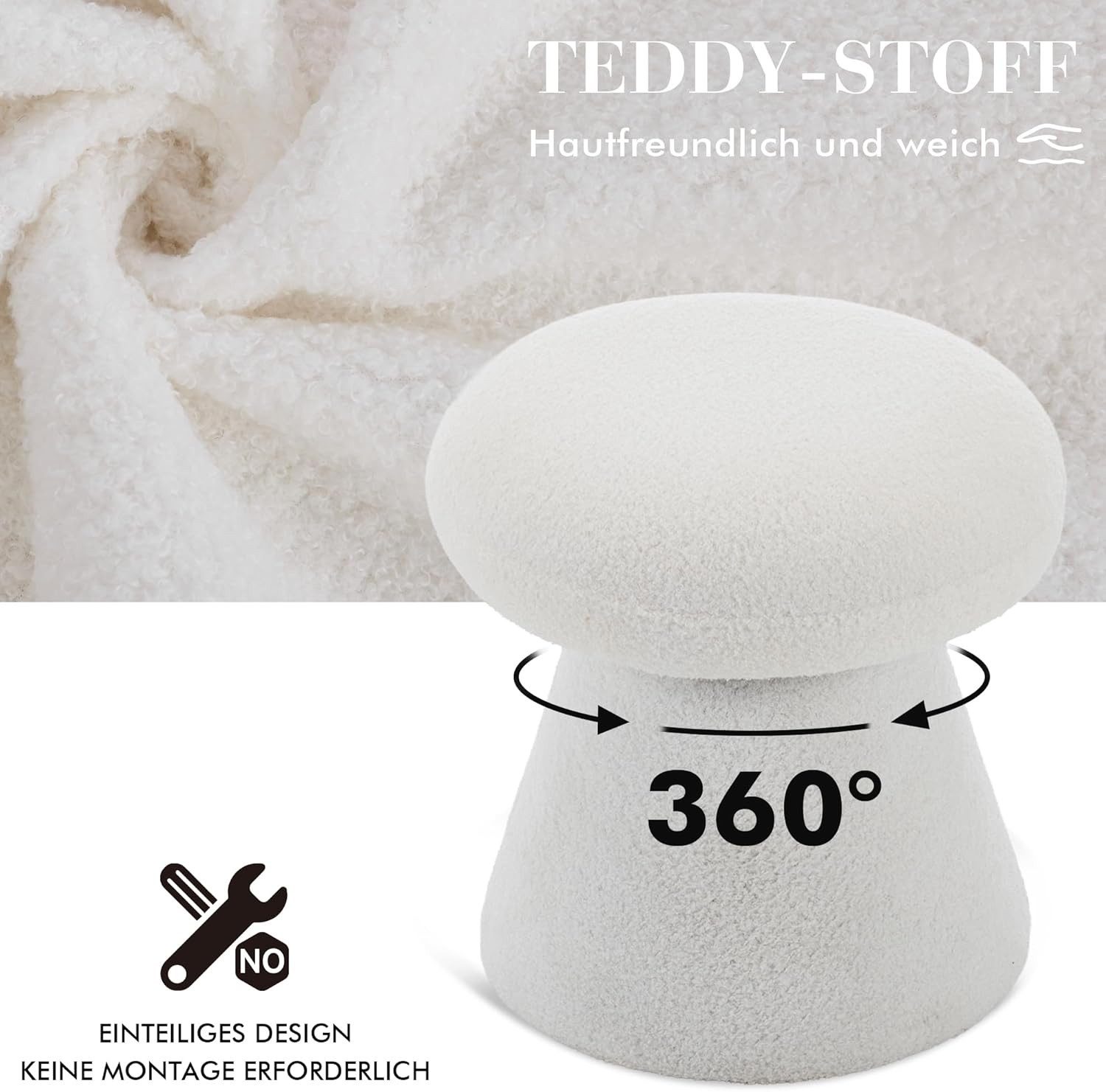 DEKKETO Hocker 360° Drehbarer Teddy-Pilz-Hocker als Schminktischhocker & Fußhocker (1 St), Bequemer Polsterhocker für Schlafzimmer, Ankleidezimmer & Wohnzimmer
