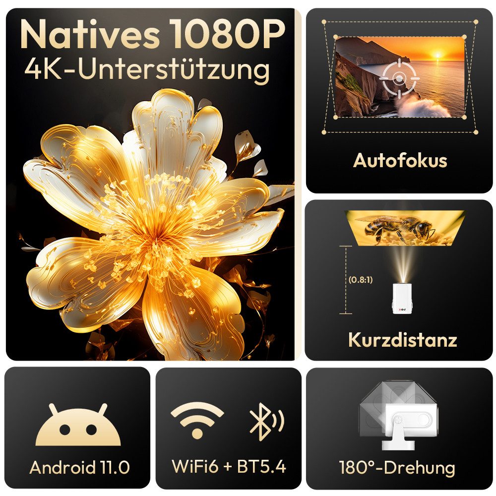 XGODY Gimbal 5 Pro-Autofokus-Beamer Mini-Beamer (12000 lm, 10000:1, 1920 X1080P px, BT 5.0 Auto Trapezkorrektur, 150-Zoll-Display für Phone/PC/PS5/Xbox)