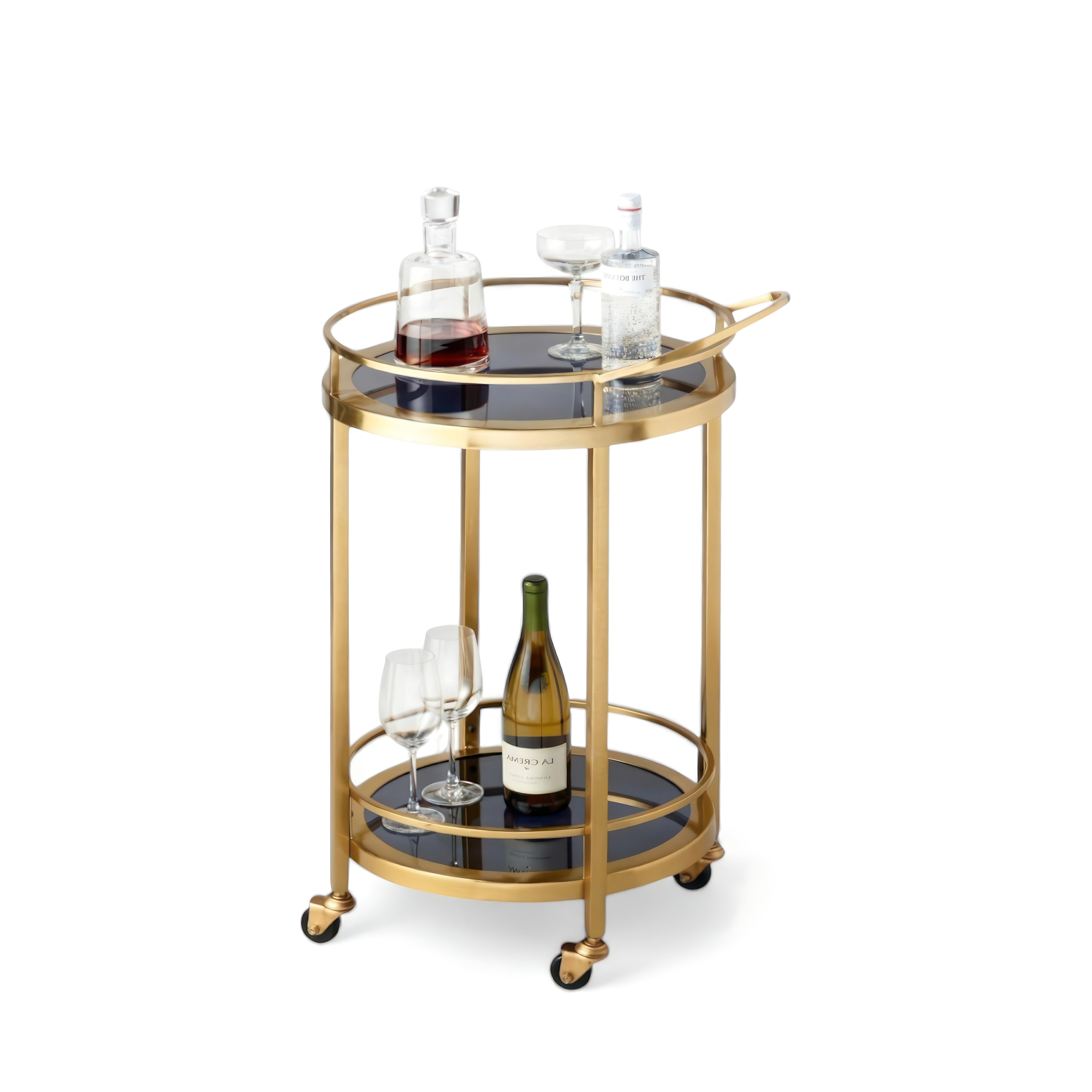 Xlmoebel Beistelltisch Goldfarbener Servierwagen mit Glasböden und Edelstahlgestell (1-St., Goldfarbener Servierwagen), Made in Europa