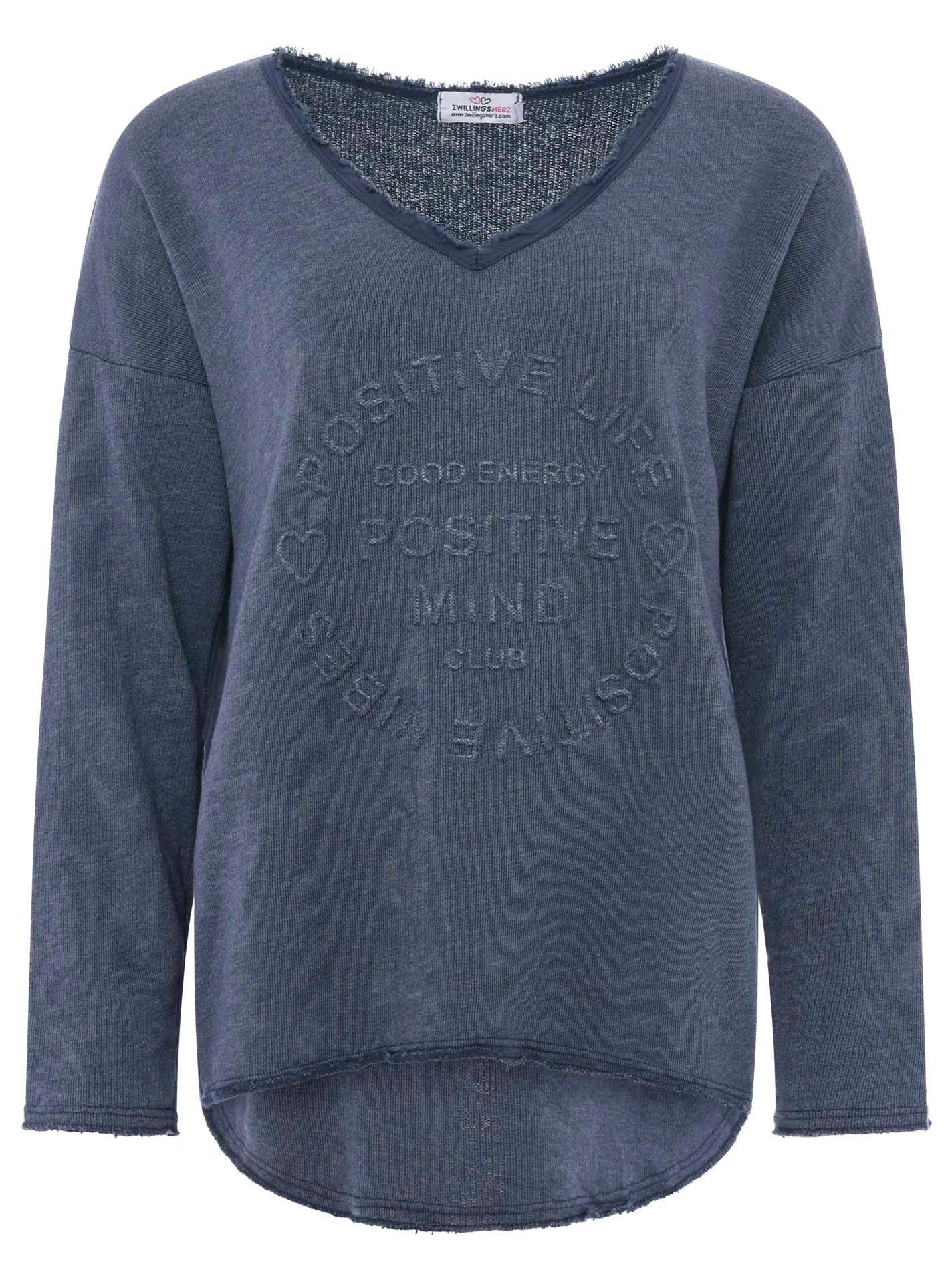 Zwillingsherz Sweatshirt "Positive Mind" ausgefranster V-Ausschnitt, Used Look, Langarm, Schriftzug