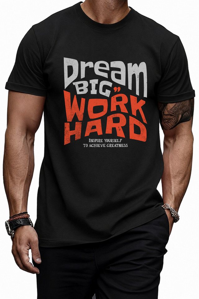 Banco T-Shirt Herren Dream Big Work Hard - Casual Printshirt Basic Rundhals Rundhalsausschnitt mit Nackenband – formstabil & bequem