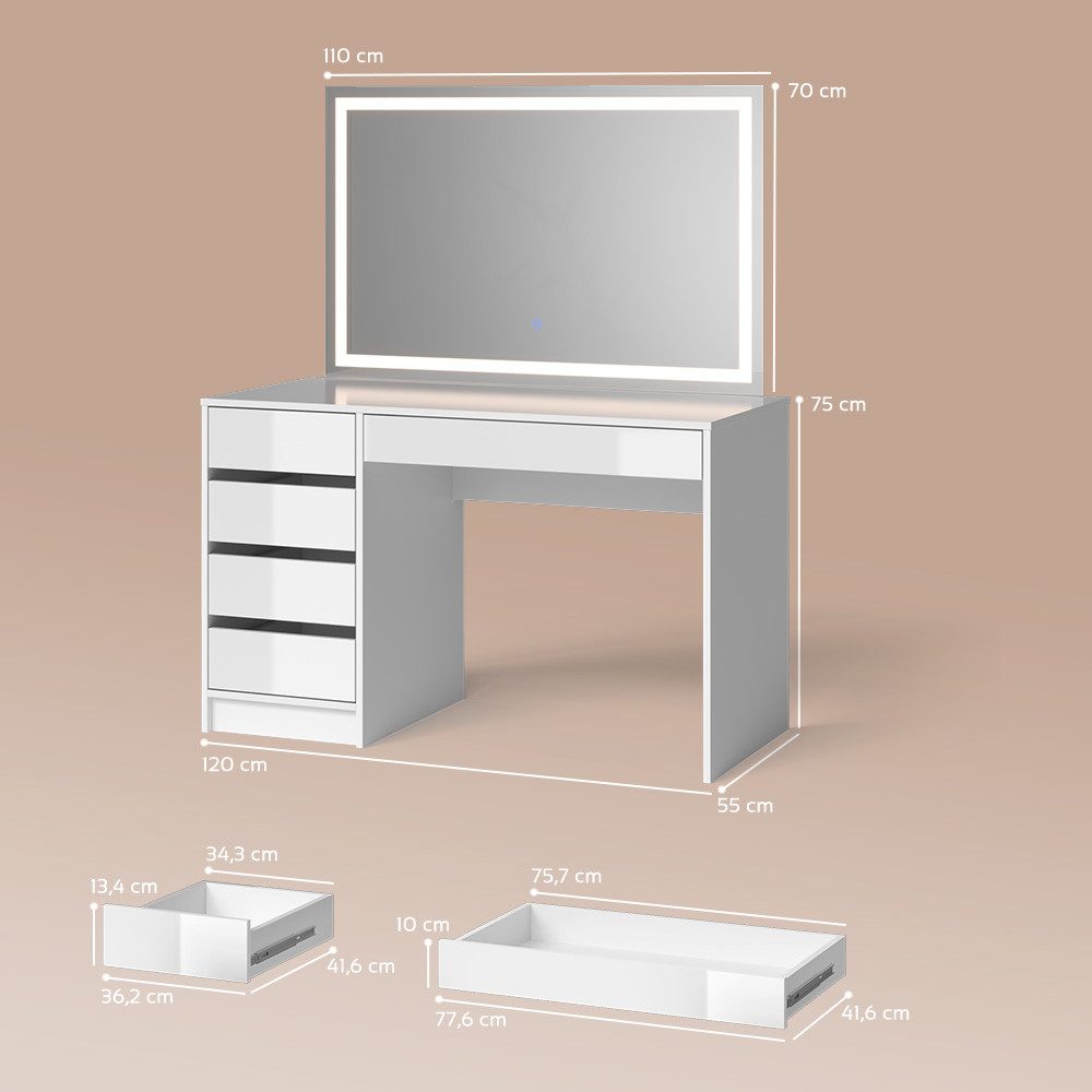 Livinity® Schminktisch Imola, Weiß, 120 cm mit LED Beleuchtung (2-St)