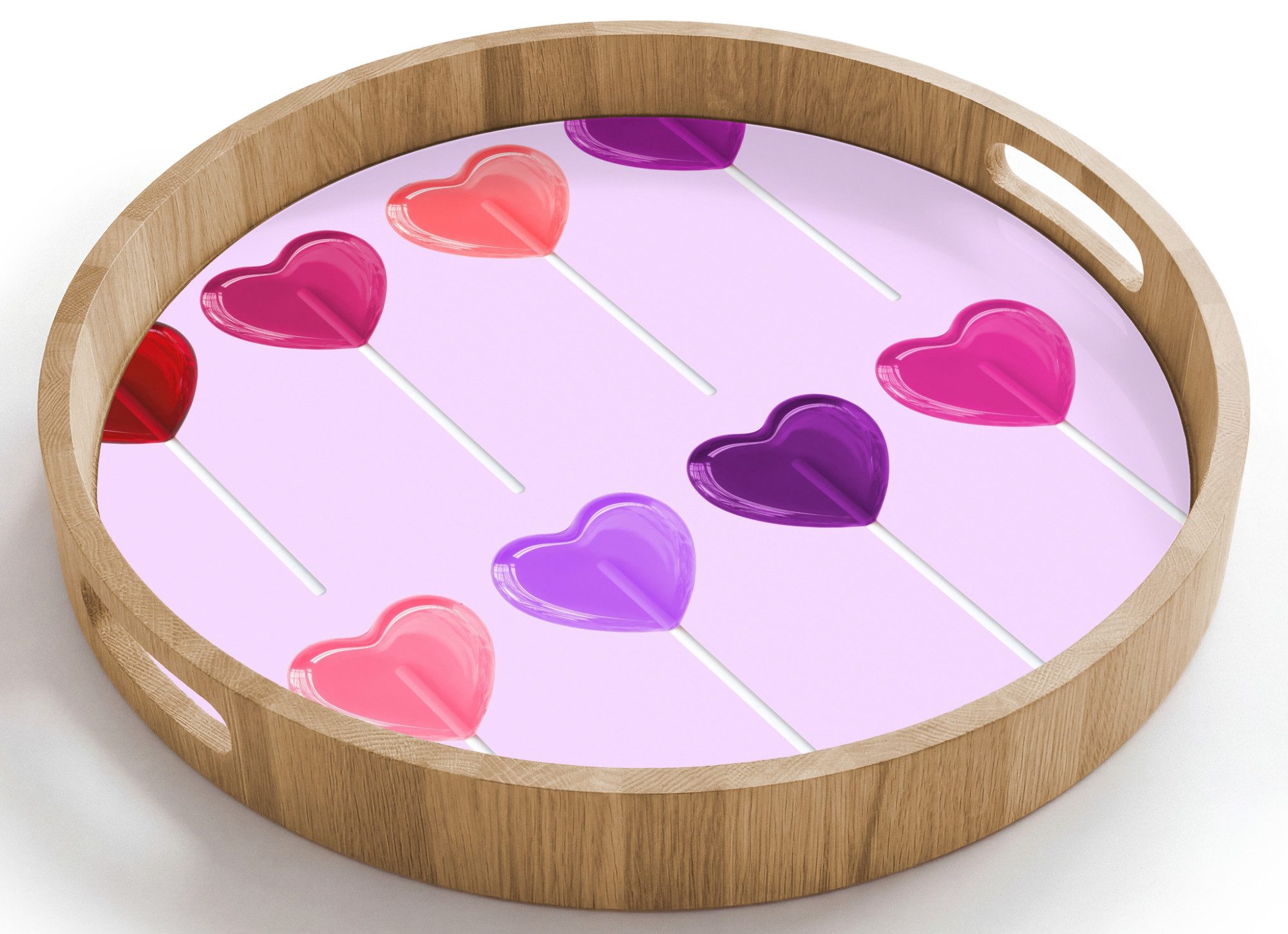OnlyWow Tablett Rund mit Henkel Lutscher - Herz - Rosa - Bonbon, Eichenholz, (1-tlg), Siervierplatte, Tray, Frühstücksbrett
