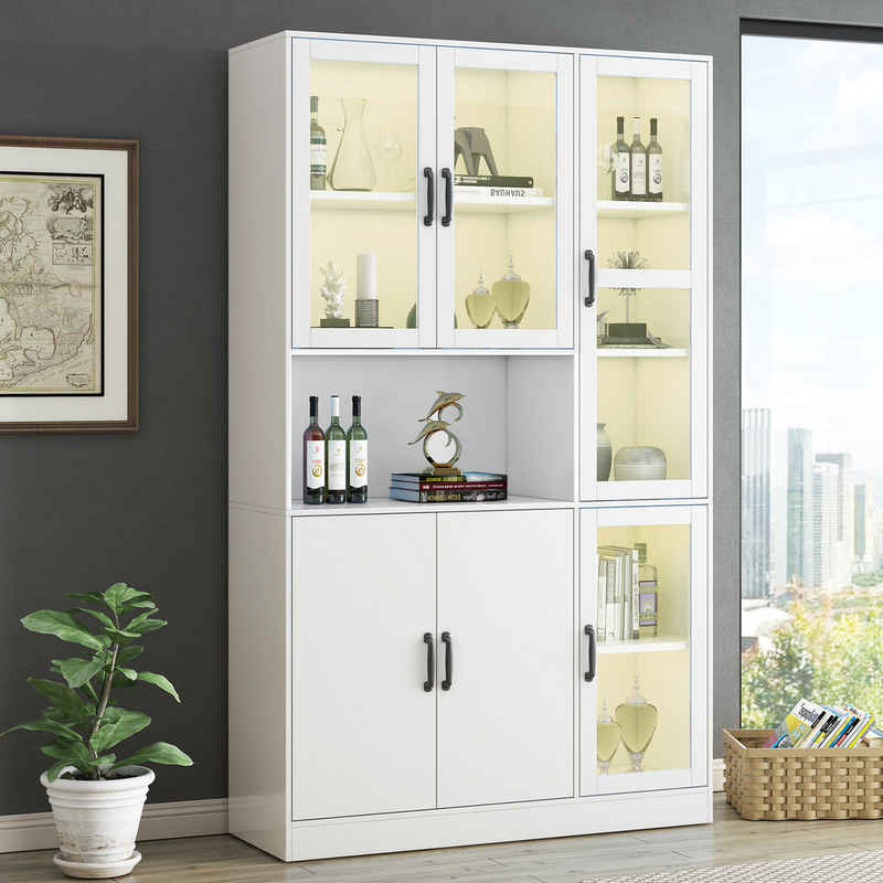 Fine Life Pro Stauraumvitrine Weißer Vitrinenschrank, Bücherregale mit Türen, (Standregale für Bücher, große Küchenanrichte, Vorratsschrank) LED-Licht-Bücherregal für Wohnzimmer & Schlafzimmer