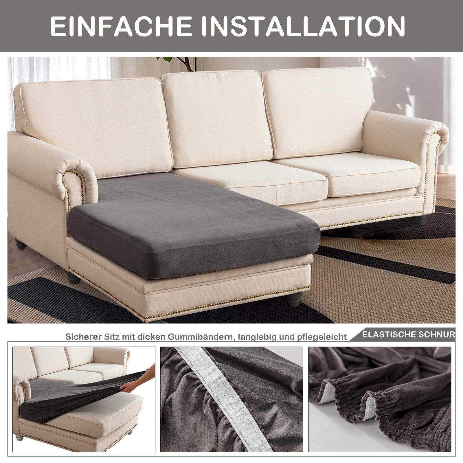 Sofahusse 1/3 Stück, L-Sofa, Rosnek Plüschsamt, für Grau elastisch