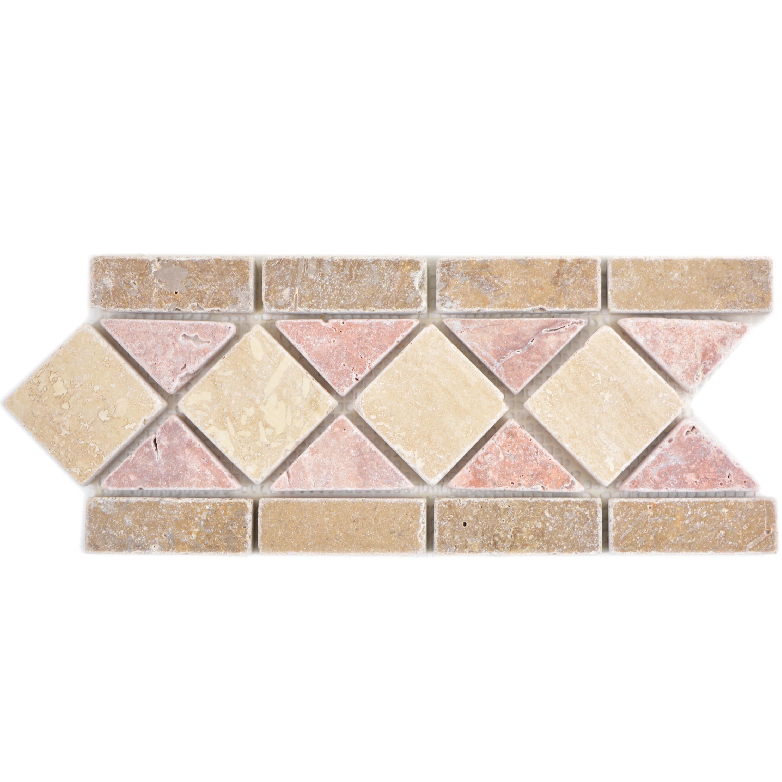 Mosafil Mosaikfliesen Naturstein Bordüre Headland Beige Braun Rot, Naturstein 30.500x12.500, rot-beige-braun, Verlegefertig auf ein Netz geklebt - Frostsicher - Wasserfest -
