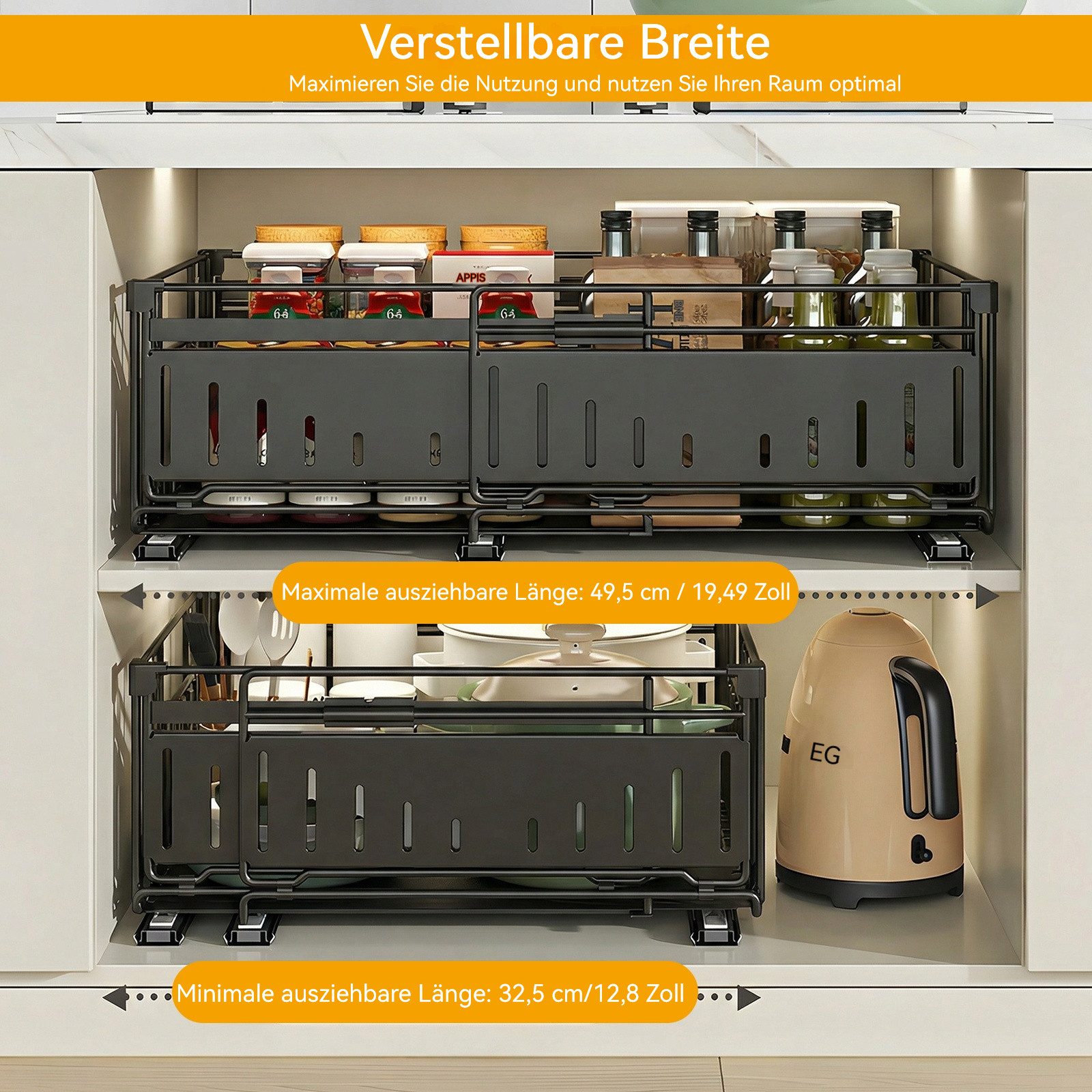 BlingBin Küchenorganizer-Set Teleskopschublade Ausziehbare Schublade Küche Organizer Schrankkorb, (1 Stück, ohne Bohren für Küche Küchenschränke, Bad, Zimmern und Abstellräumen), 39x16.5x32.5-49.5 CM,Pull Out Cabinet Drawer mit Kleber