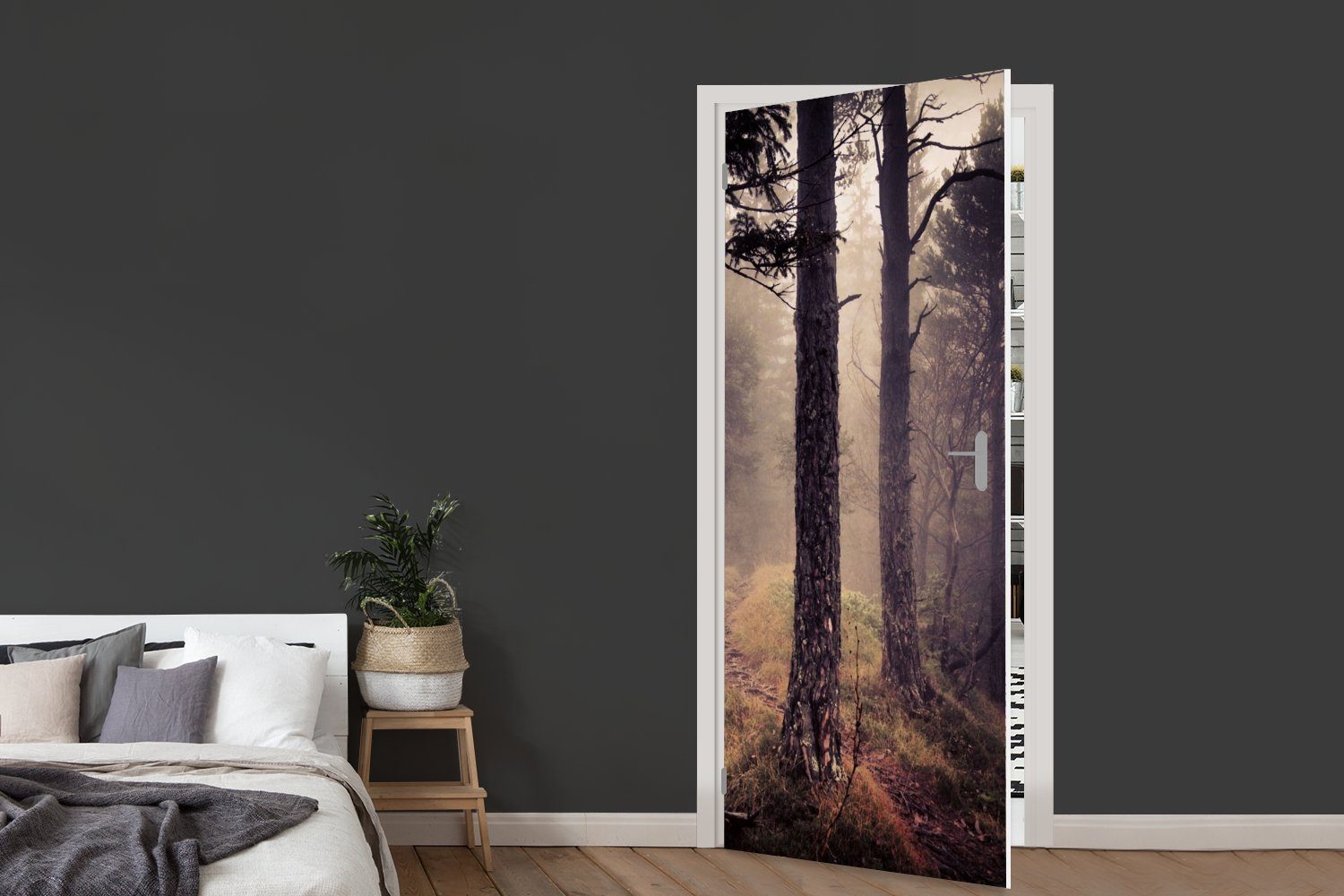 Natur - Nebel St), (1 Wald, Türtapete bedruckt, - - 75x205 MuchoWow Tür, cm Matt, Herbstdekoration Fototapete Türaufkleber, für
