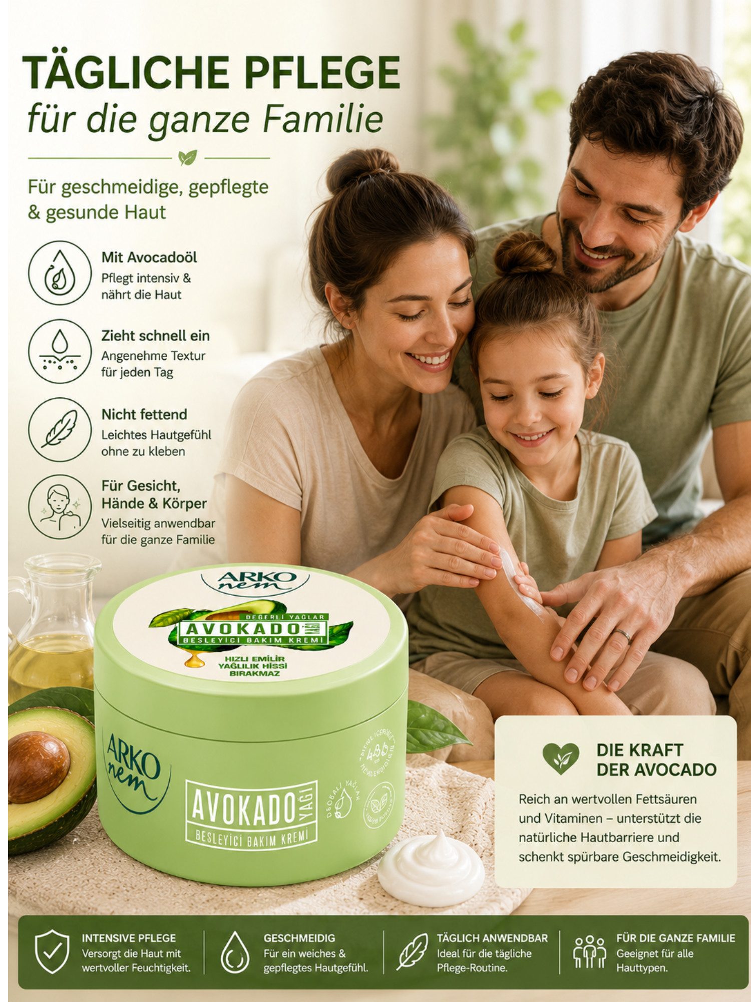 ARKO Körpercreme Arko Nem Avocado Pflegecreme mit Avocadoöl 250 ml Einzelpackung, Mit Avocadoöl Schnell einziehend Nicht fettend Tägliche Pflege