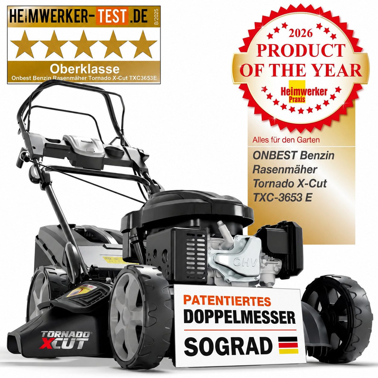 Onbest Benzinrasenmäher 5in1 mit Radantrieb Elektrostart Tornado X-Cut, 53.00 cm Schnittbreite, 6,5PS, Doppelmesser mit Sograd