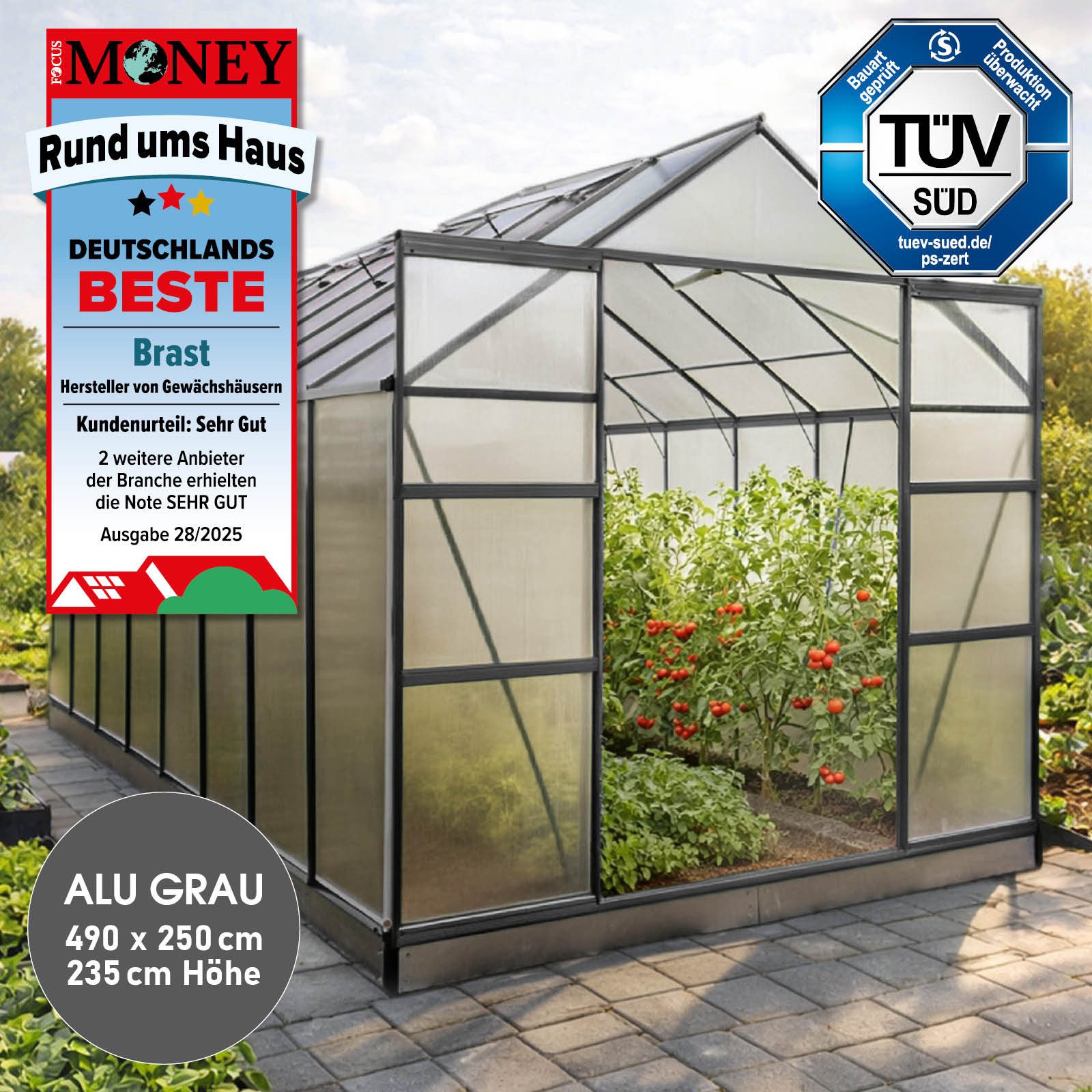 BRAST Gewächshaus ALU mit Fundament rostfrei 490x250x235cm TÜV geprüft, BxTxH: 250 x 490 x 235 cm, wetterfestes hochwertiges Aluminium, Temperaturbeständig, Wärmedämmend, Lichtbrechend & UV-stabilisiert
