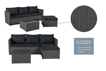 LC Garden Gartenlounge-Set Loungino« Poly Rattan Balkon Lounge Set Sofa + Hocker +Tisch Set, (Loungeset, 3-tlg., Set 3 tlg), Polsterung: Schaumstoff (waschbar bei 30 Grad)