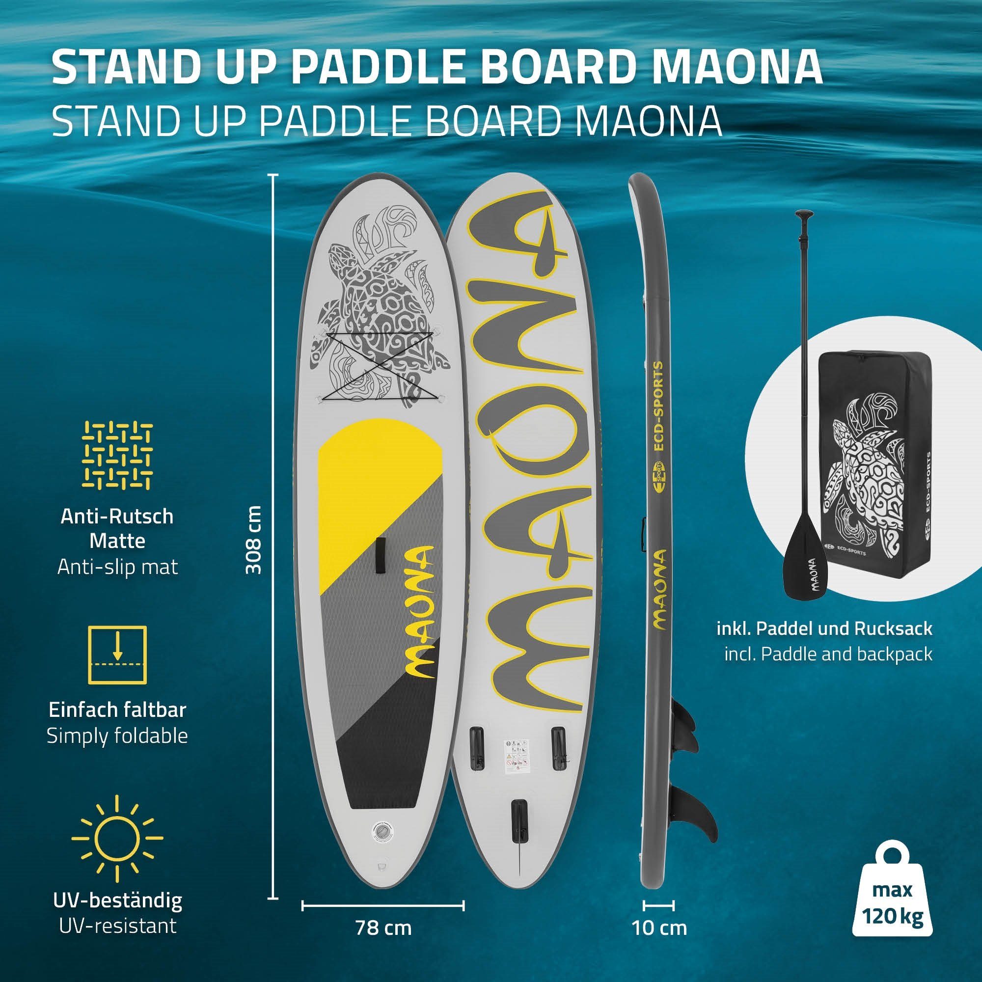 Maona Germany PVC Up SUP-Board 308x76x10cm Board Paddle Aufblasbares bis Tragetasche 120kg Pumpe Grau Zubehör Surfboard, ECD Stand