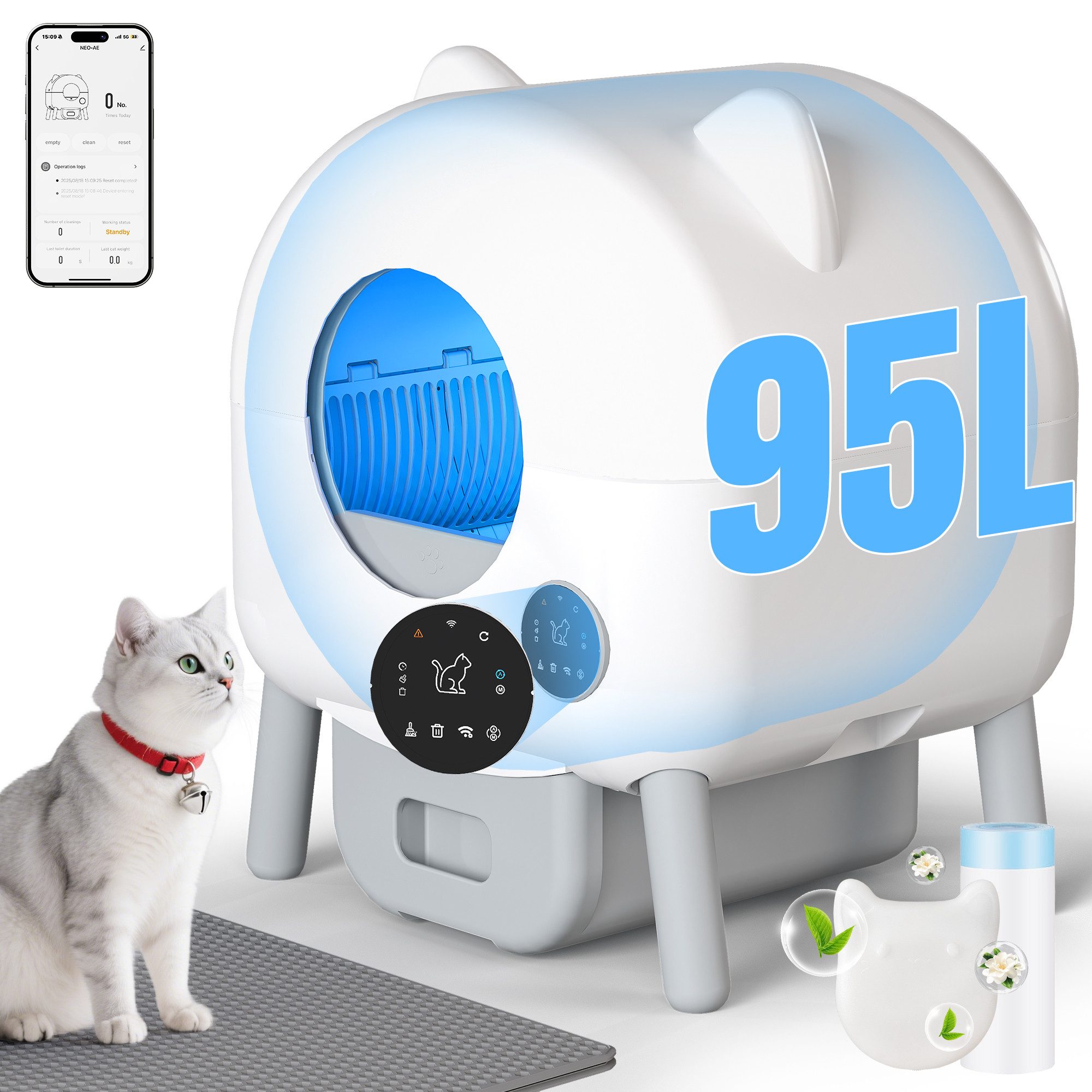 HOMALL Katzentoilette 95L+15L Katzenklo Selbstreinigend, Tastatursteuerung, Statusanzeige, 20 Tage autonom,4-fache Geruchskontrolle – für große Katzen