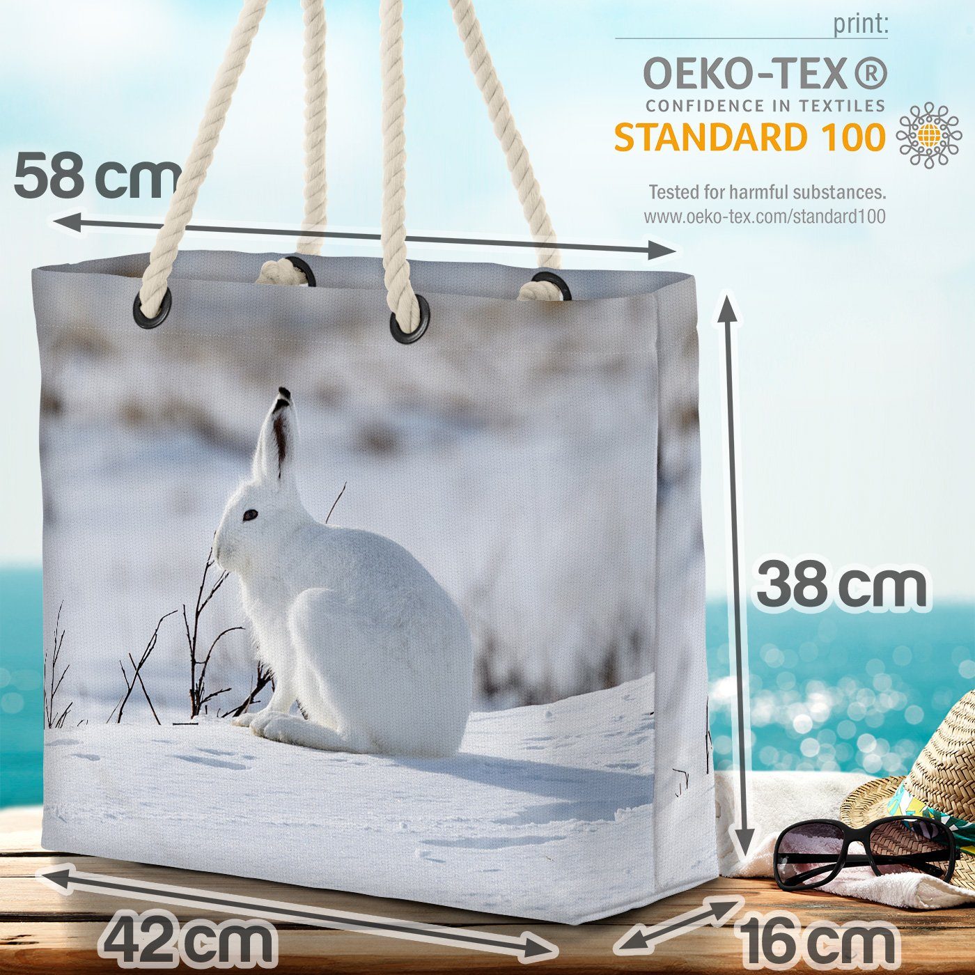 Schneehase Winter VOID säugetie portrait Strandtasche (1-tlg), Hase hase Tier schnee berg Schnee