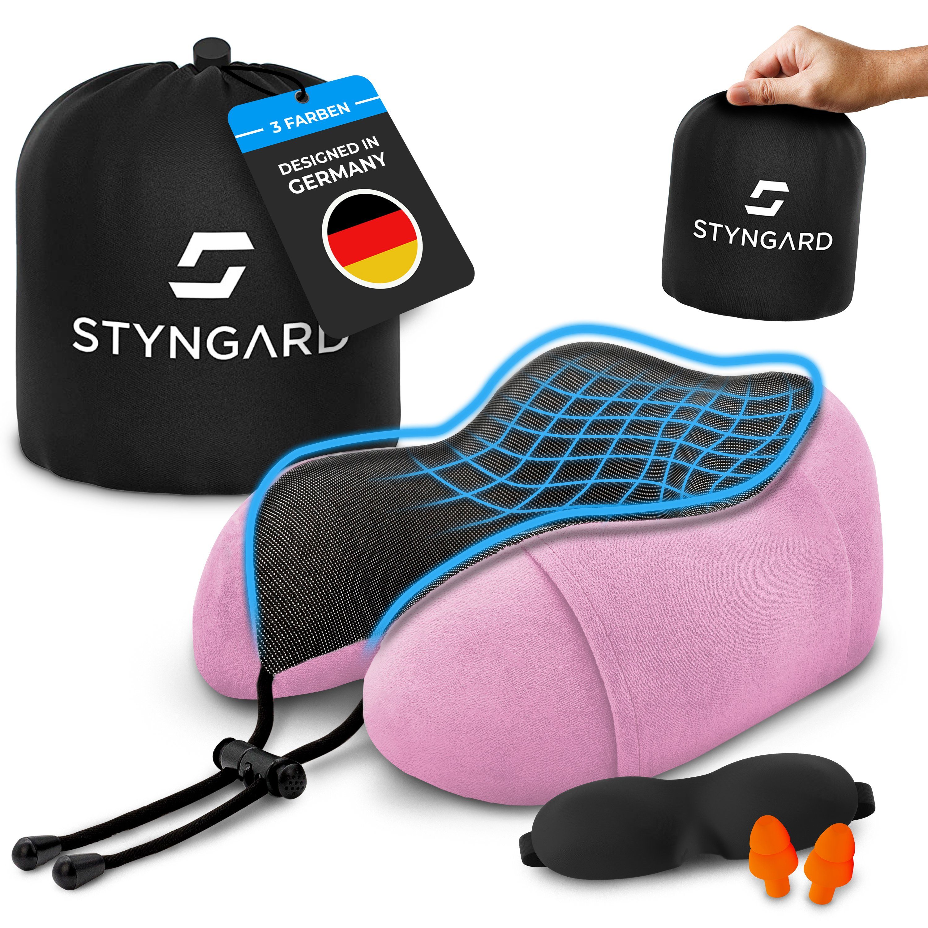 Styngard Reisekissen Malmö, Bequemes Nackenkissen aus Memory Foam mit Schlafmaske und Ohrstöpseln Rosa