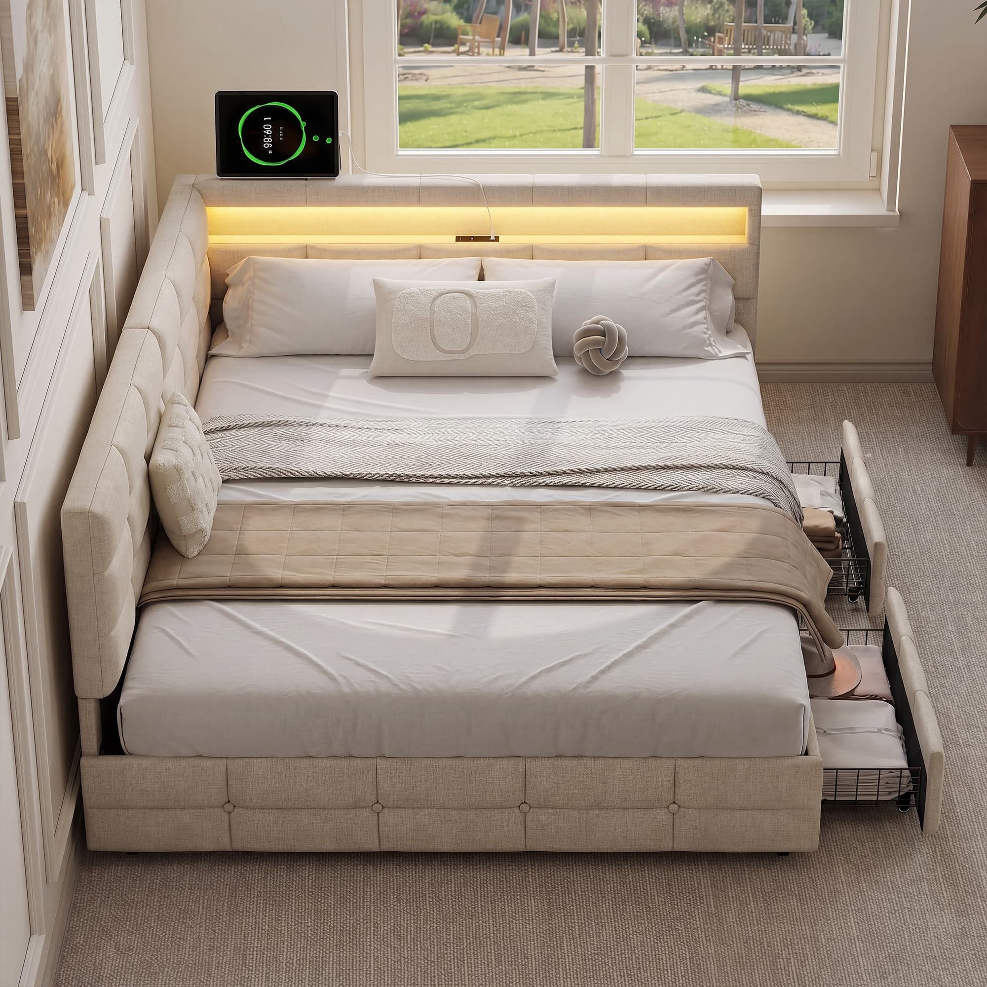 Simurq Polsterbett Schlafsofa 140x200,L-Form Daybett Jugendbett Tagesbett,Gästebett (LED-Beleuchtung & Ladestation, Gästebett Bettgestell mit Lattenrost), L-förmige Konfiguration,verstärkte Rahmenkonstruktion