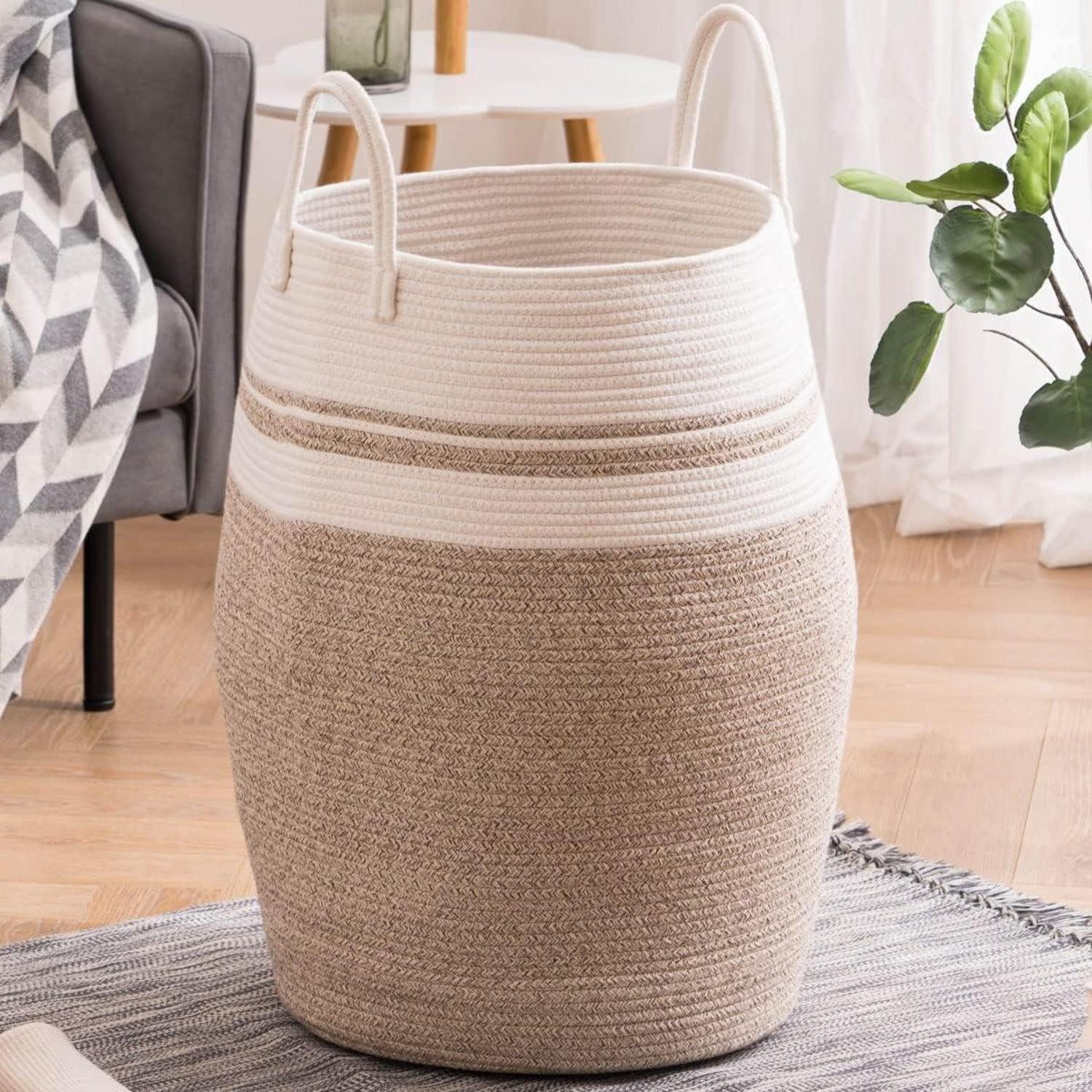 LuxusKollektion Wäschekorb Wäschekorb geflochten Wäschesammler Baumwolle Streifen Braun 105L