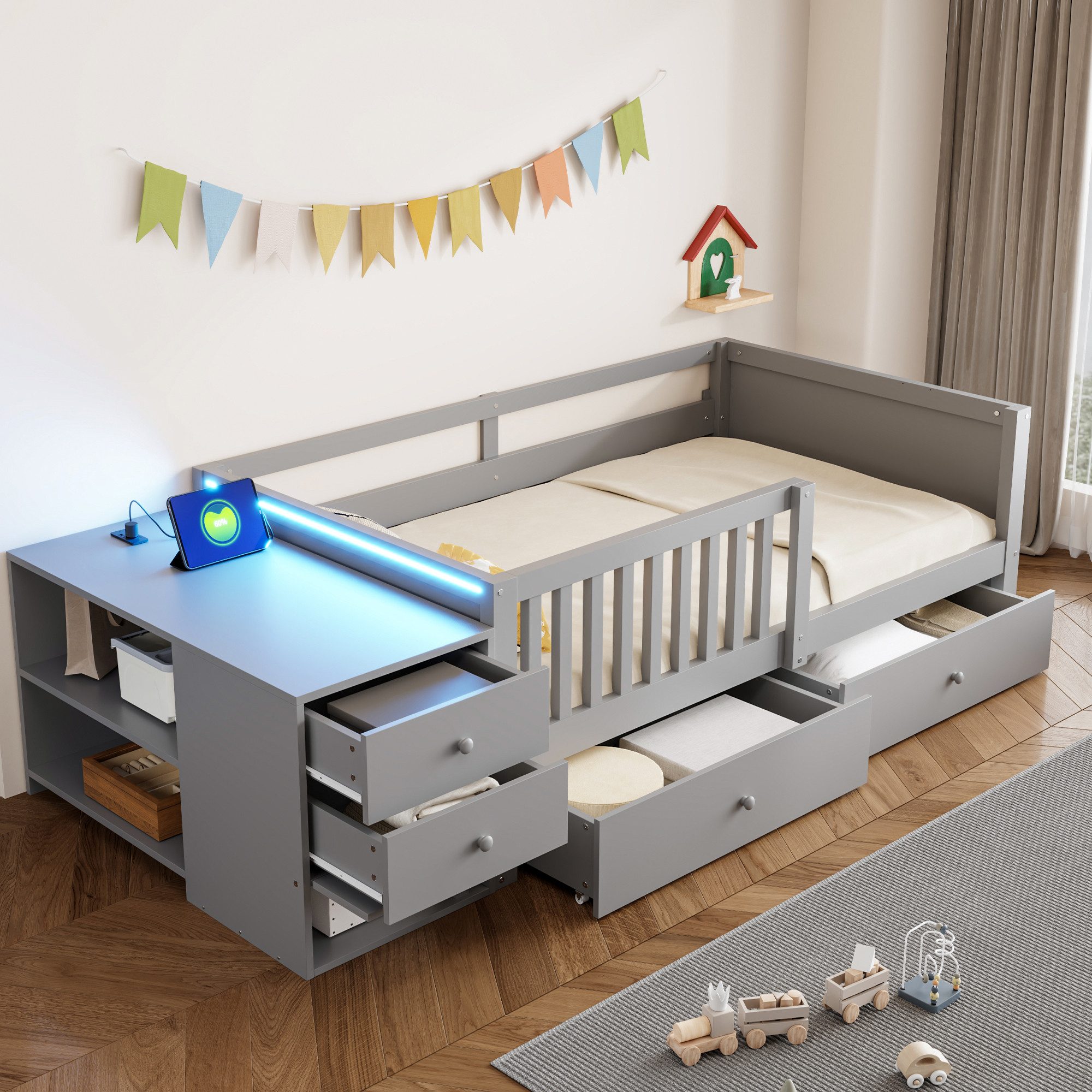 Flieks Kinderbett, Holzbett 90x200cm mit separatem Schrank, LED&Aufladen, Schubladen