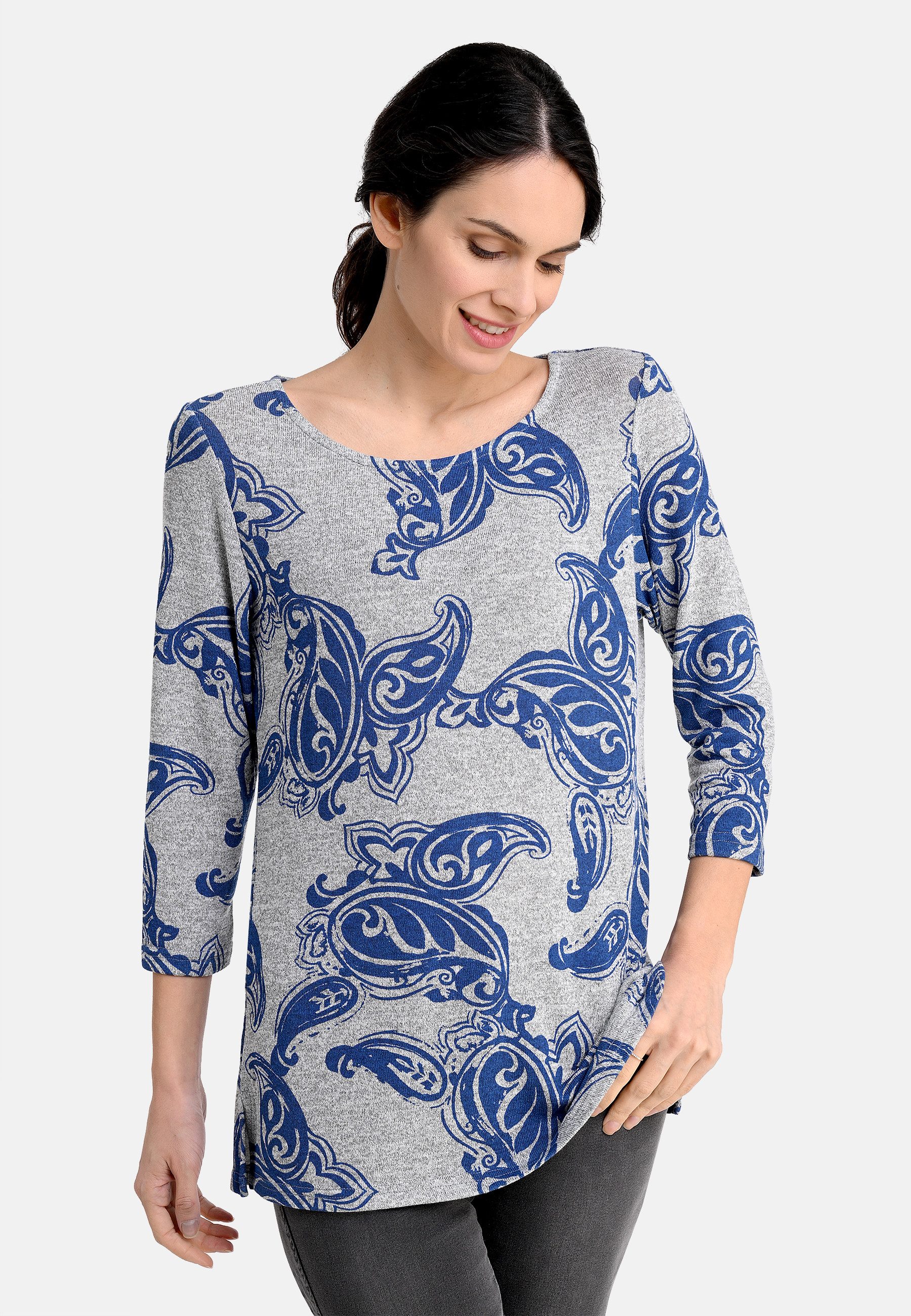 BICALLA T-Shirt Feinstrick-Shirt mit Paisley-Muster in Grau/Blau (1-tlg)