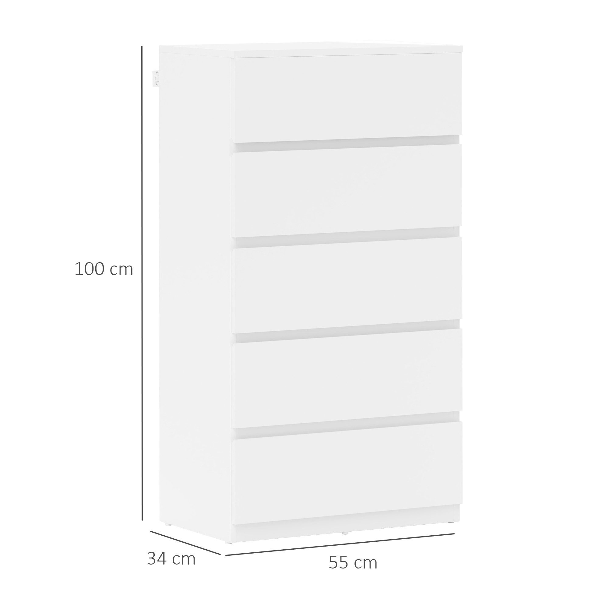 HOMCOM Kommode Schubladenschrank Sideboard mit 5 Schubladen (Büroschrank mit kippsicheren Zuglaschen, 1 St., für Wohnzimmer, Schlafzimmer), Weiß, 55 x 34 x 100 cm