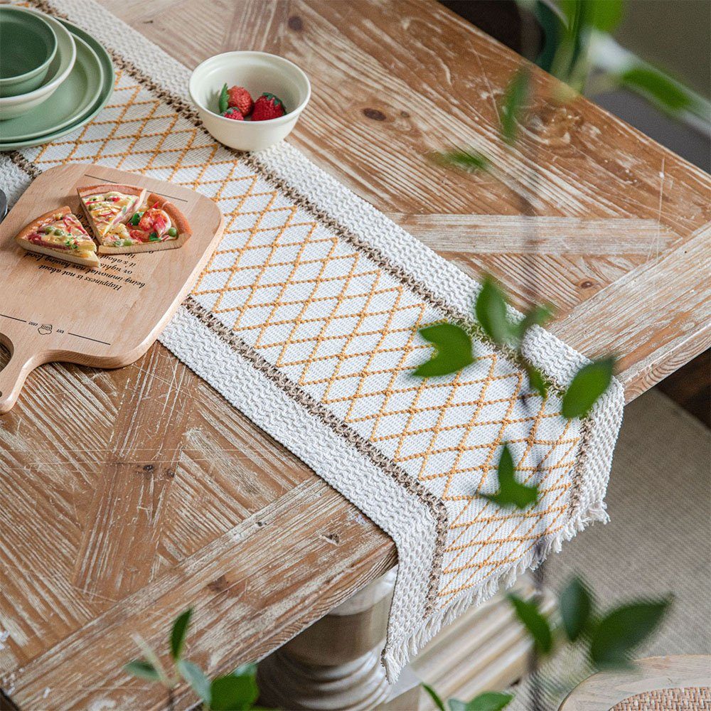 CTGtree Tischläufer Quasten Wand montiert Handgewebte Baumwolle Boho Gelbes Netz