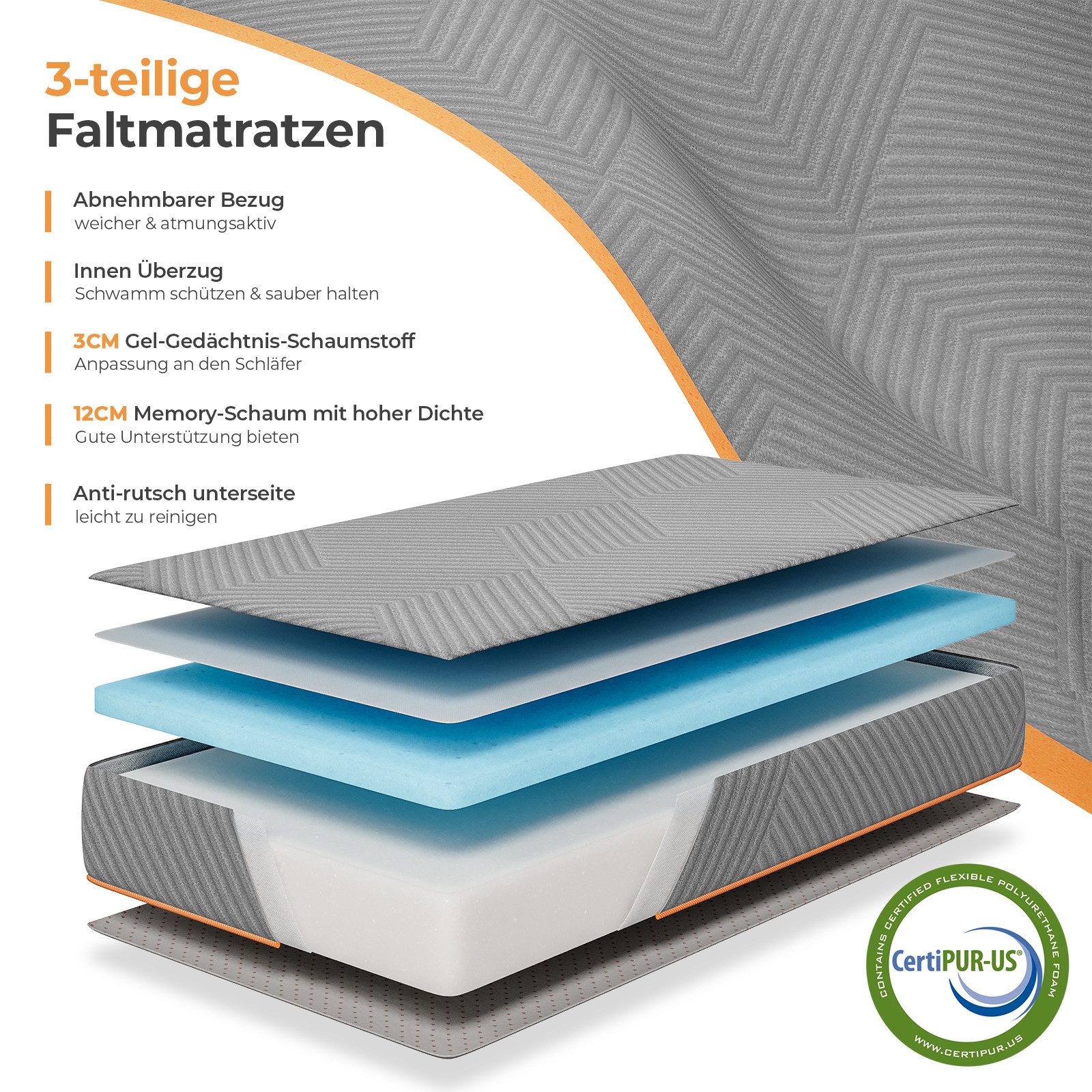 Klappmatratze 3-teilige Faltmatratze Gästematratze in grau, günstig online kaufen