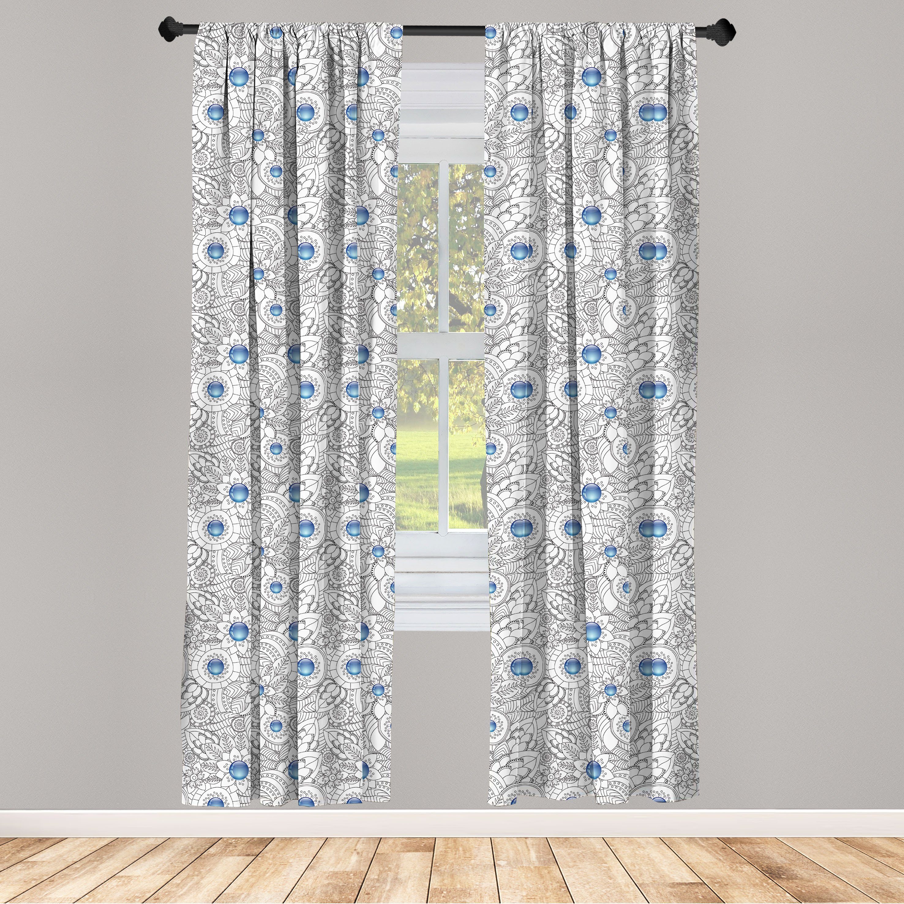 Gardine Vorhang für Wohnzimmer Schlafzimmer Dekor, Abakuhaus, Microfaser, Blumen Blumen mit blauen Punkten