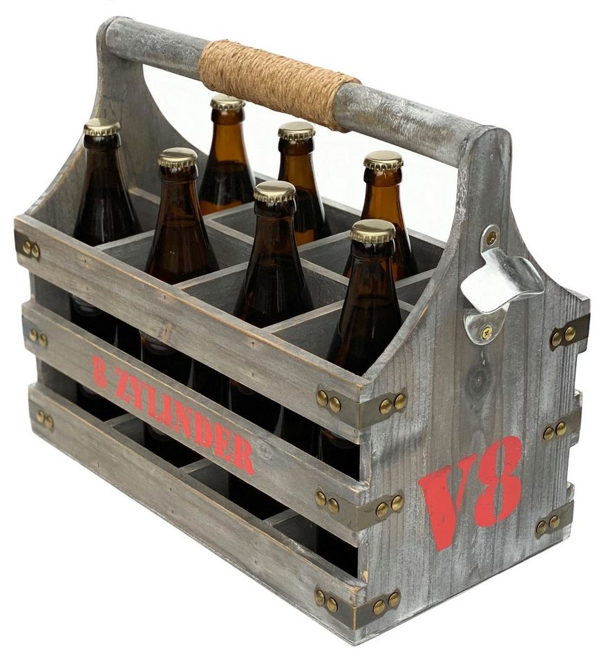 DanDiBo Flaschenhalter Bierträger mit Flaschenöffner Flaschenträger 8  Zylinder V8 96038 Flaschenkorb aus Holz Bier