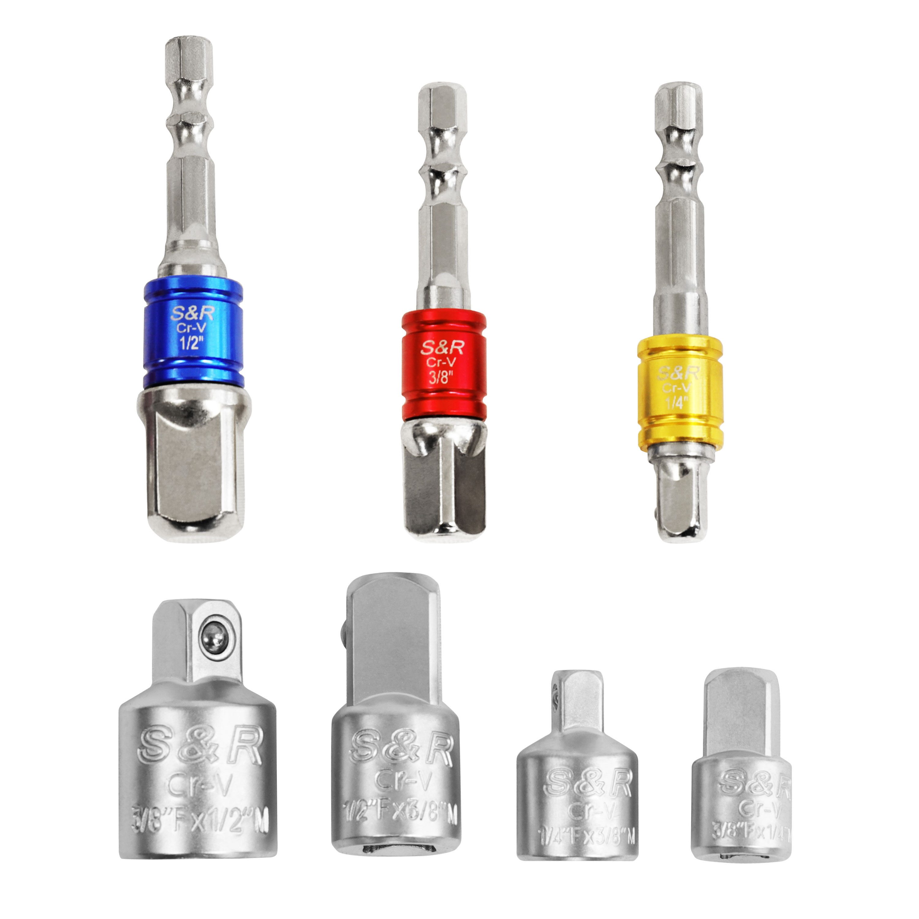 S&R Stecknüsse Stecknuss-Adapter Set, für Bohrmaschine, Akkuschrauber, Bithalter, Set, 3x 1/4" Sechskant-Adapter für 1/4"-, 1/2"-, 3/8" + 4 Stecknüsse, aus Chrom-Vanadium-Stahl für den beruflichen Dauereinsatz