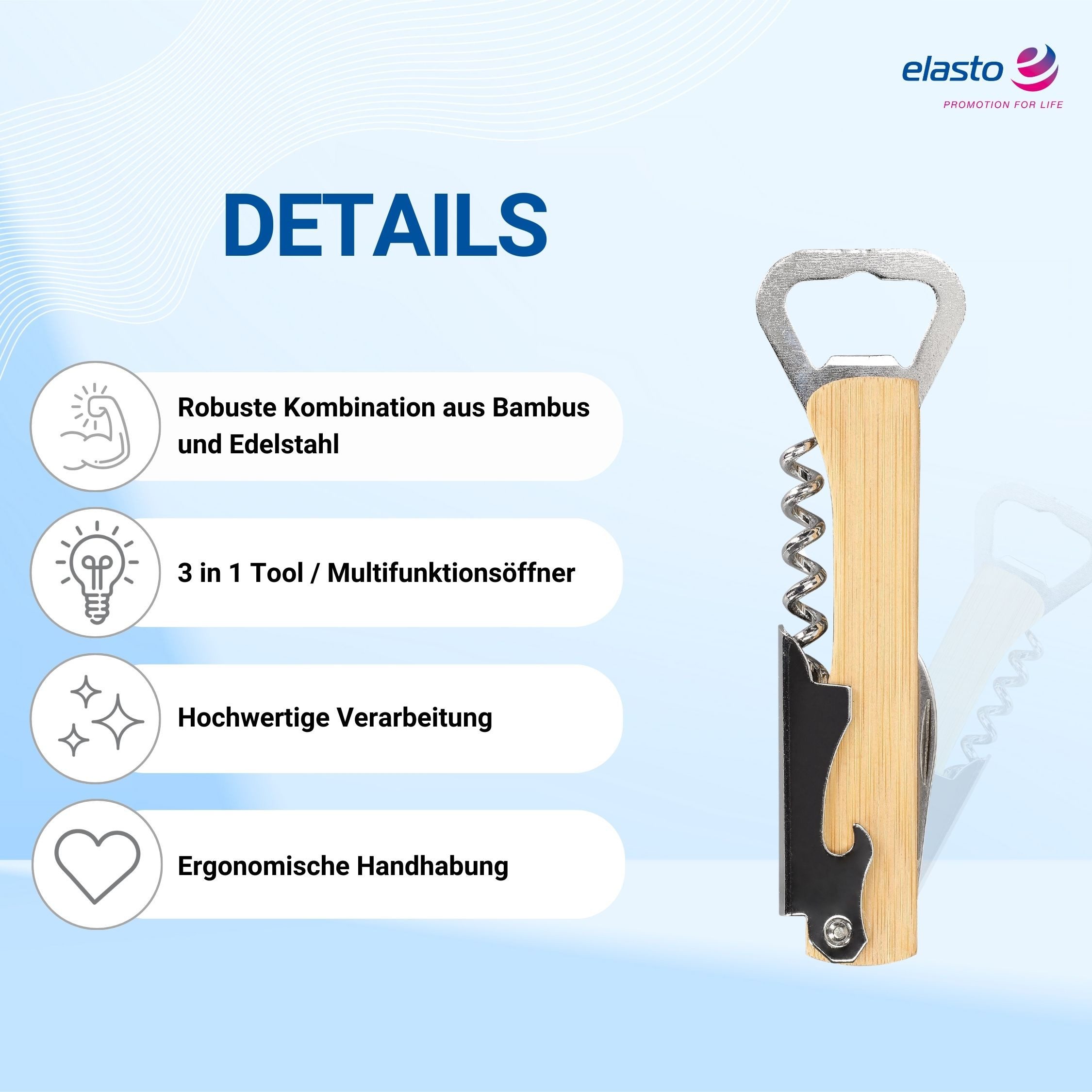 elasto Flaschenöffner Flaschenöffner 3in1 Multifunktionsöffner aus Edelstahl & Holzgriff