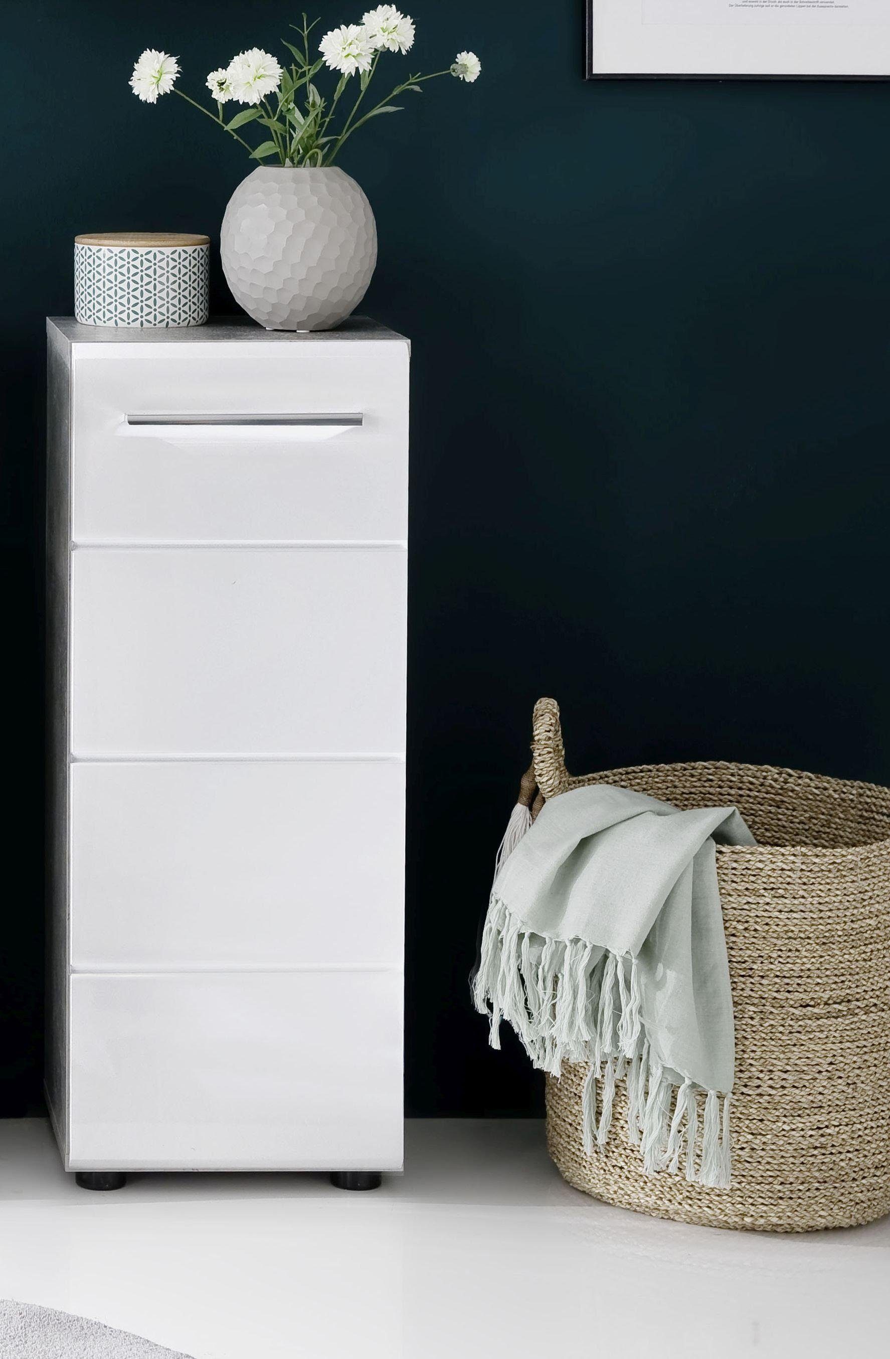 trendteam Unterschrank Nano Badkommode in Weiß Hochglanz/Beton mit chromglänzenden Griffen