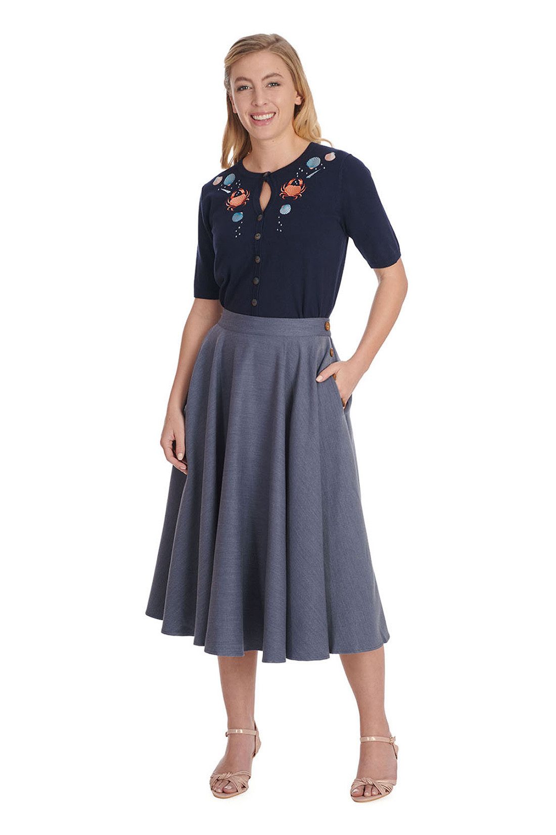 Banned A-Linien-Rock Polly May Swing Skirt Grau-Blau Vintage A-Linie Rock