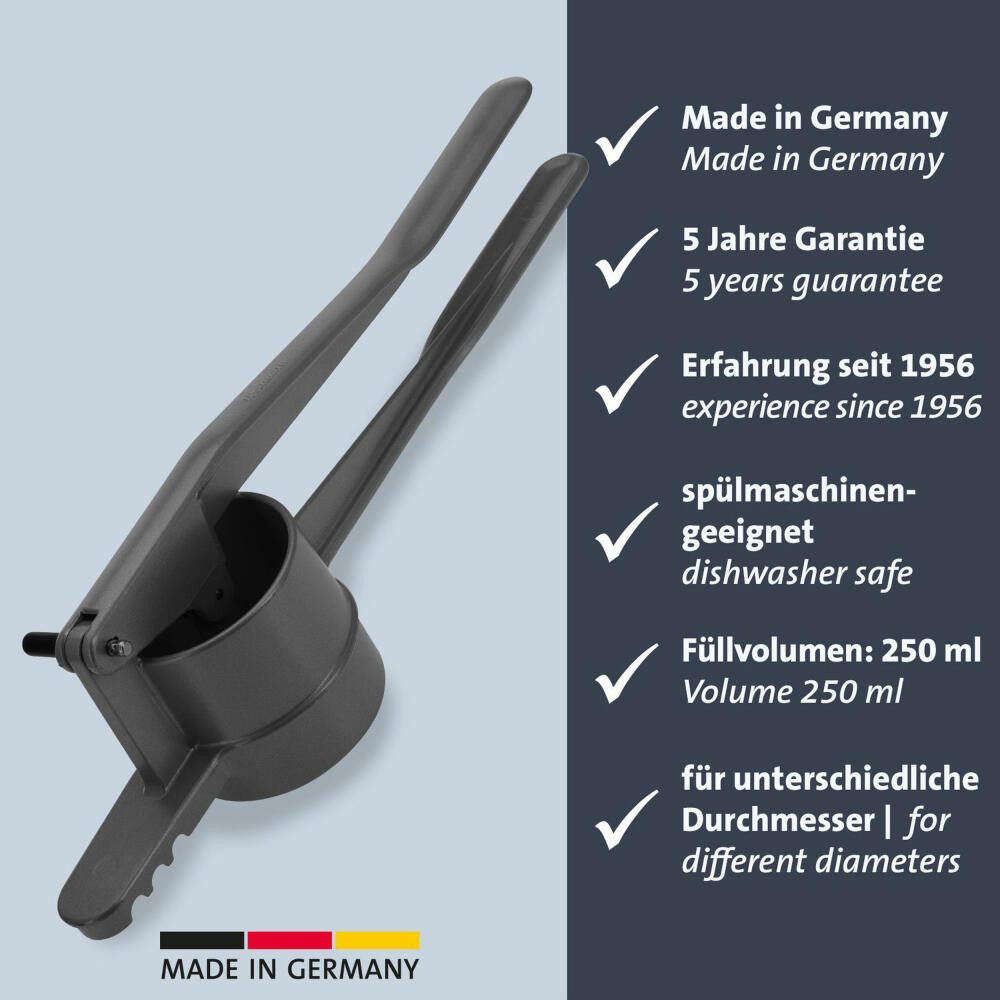 WESTMARK Spätzlereibe Spätzlepress, Rundloch, Anthrazit, Aluminium, spülmaschinengeeignet, Made in Germany