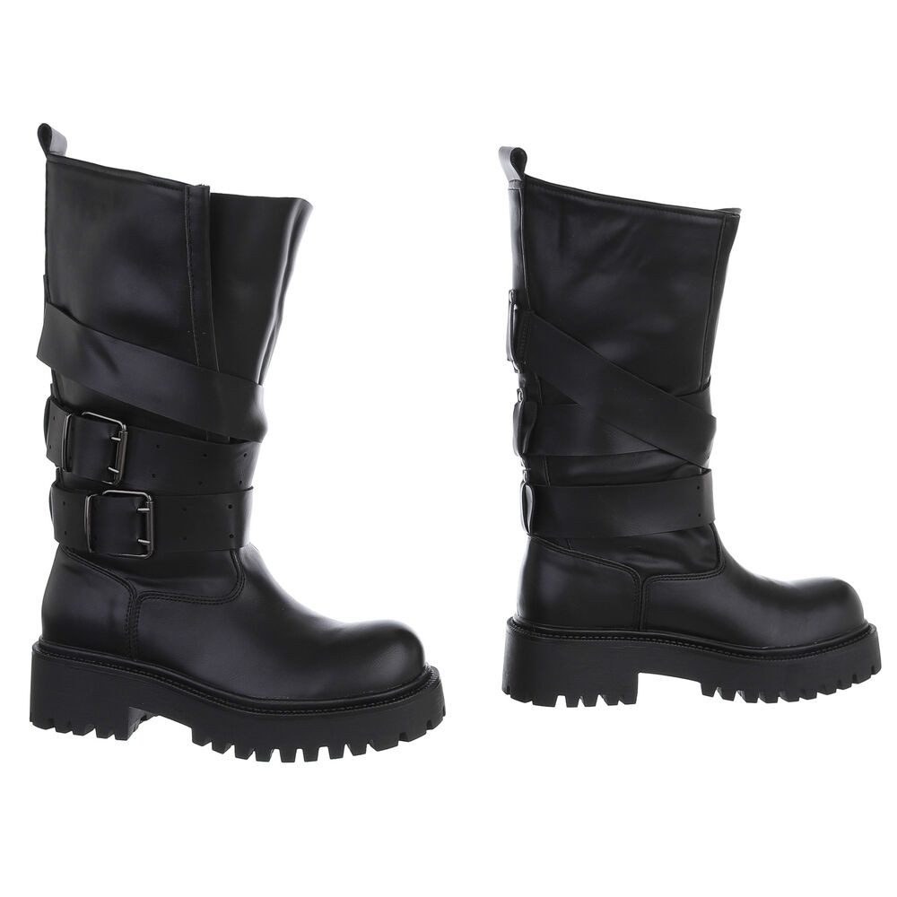 Ital-Design Damen Stiefel mit Doppelschnallen und Profilsohle Plateaustiefel (92299668) Blockabsatz Stiefel in Schwarz – Bild 4 von 5