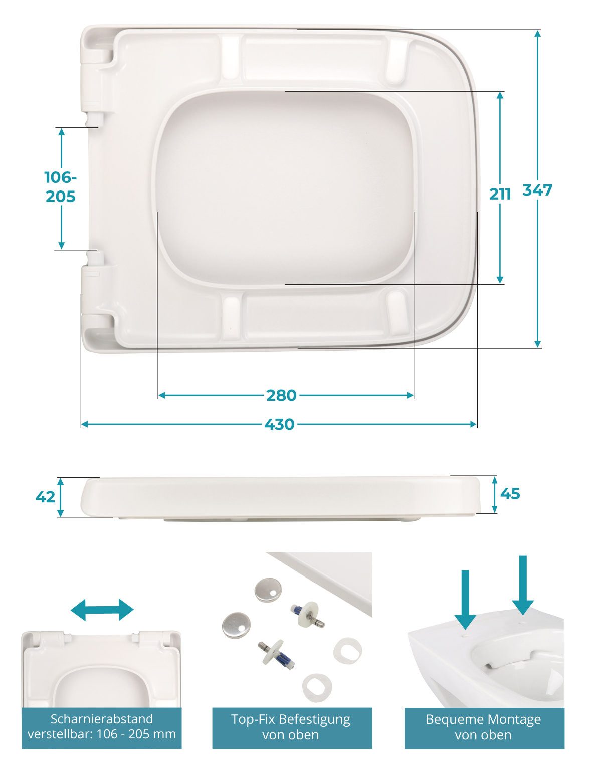 Calmwaters WC-Sitz Renova Nr. 1 Plan (Alternative von Calmwaters), Für Keramag Renova Nr. 1 Plan 202150,202160, Absenkautomatik, 26LP3461
