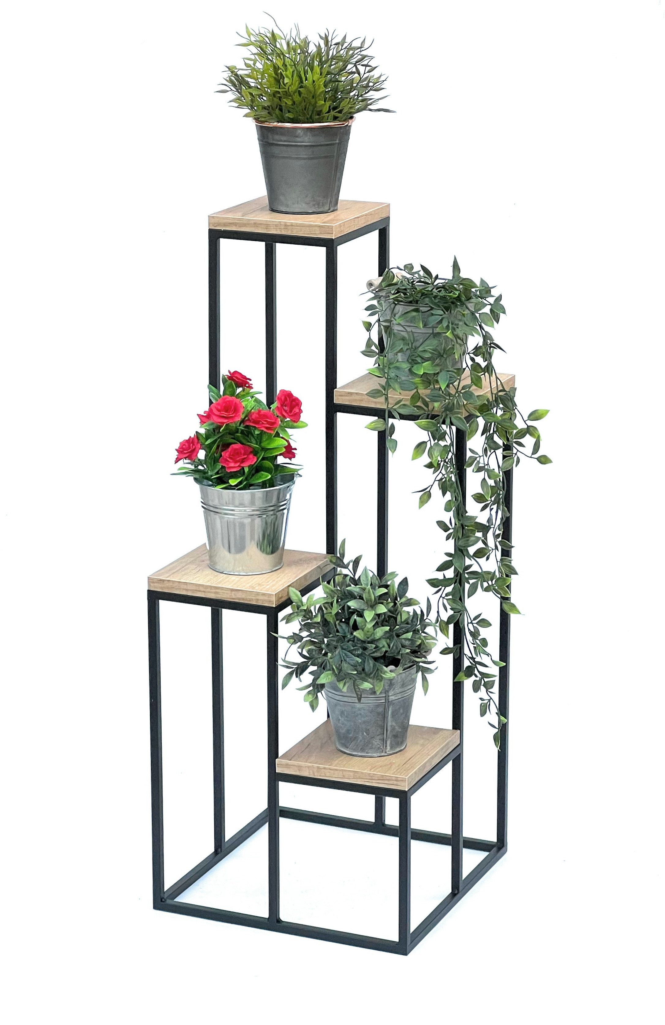 DanDiBo Blumenhocker Blumentreppe Metall Schwarz Holz 90 cm Pflanzentreppe Blumenständer
