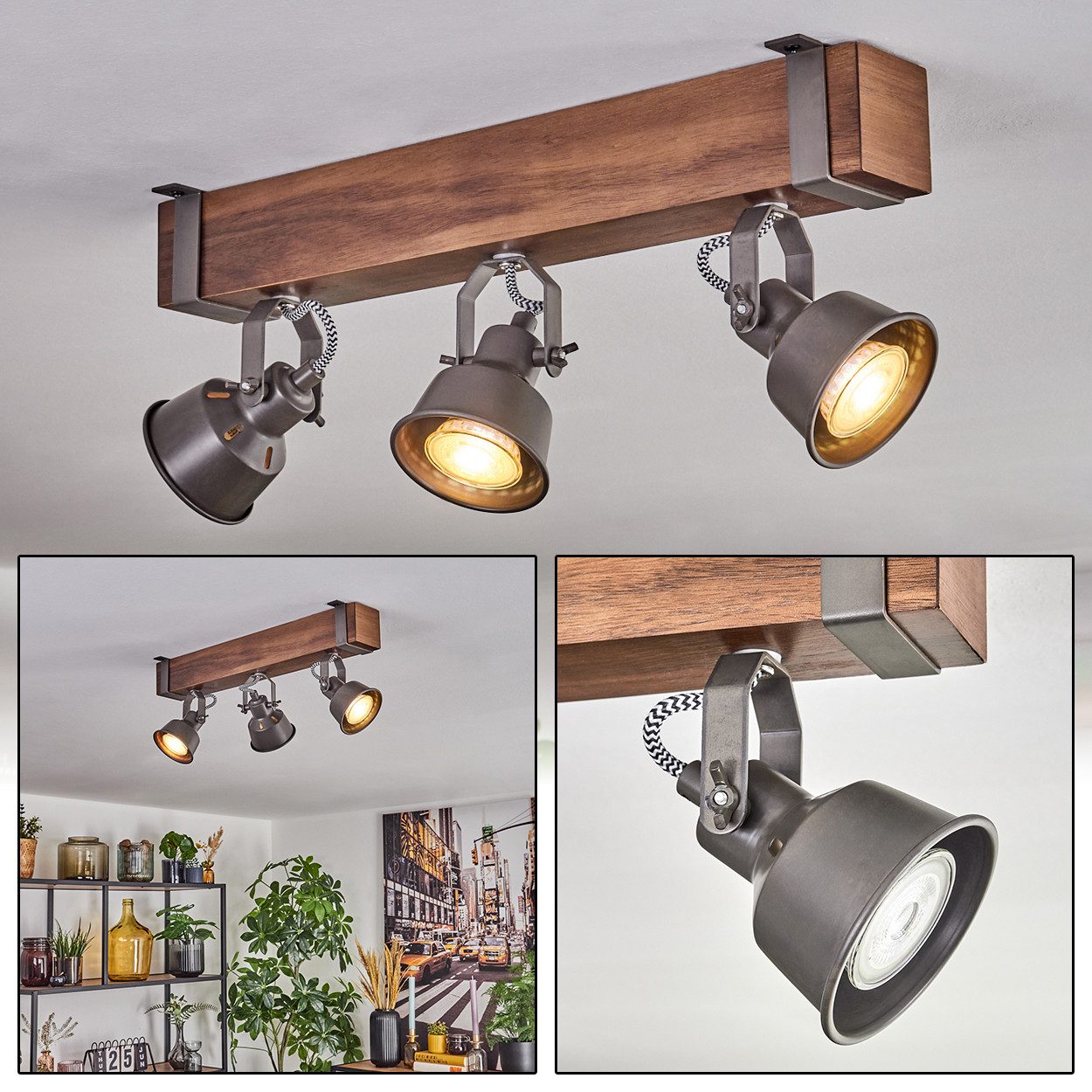 hofstein Deckenleuchte Deckenlampe verstellbar aus Metall/Holz in Grau/Dunk günstig online kaufen