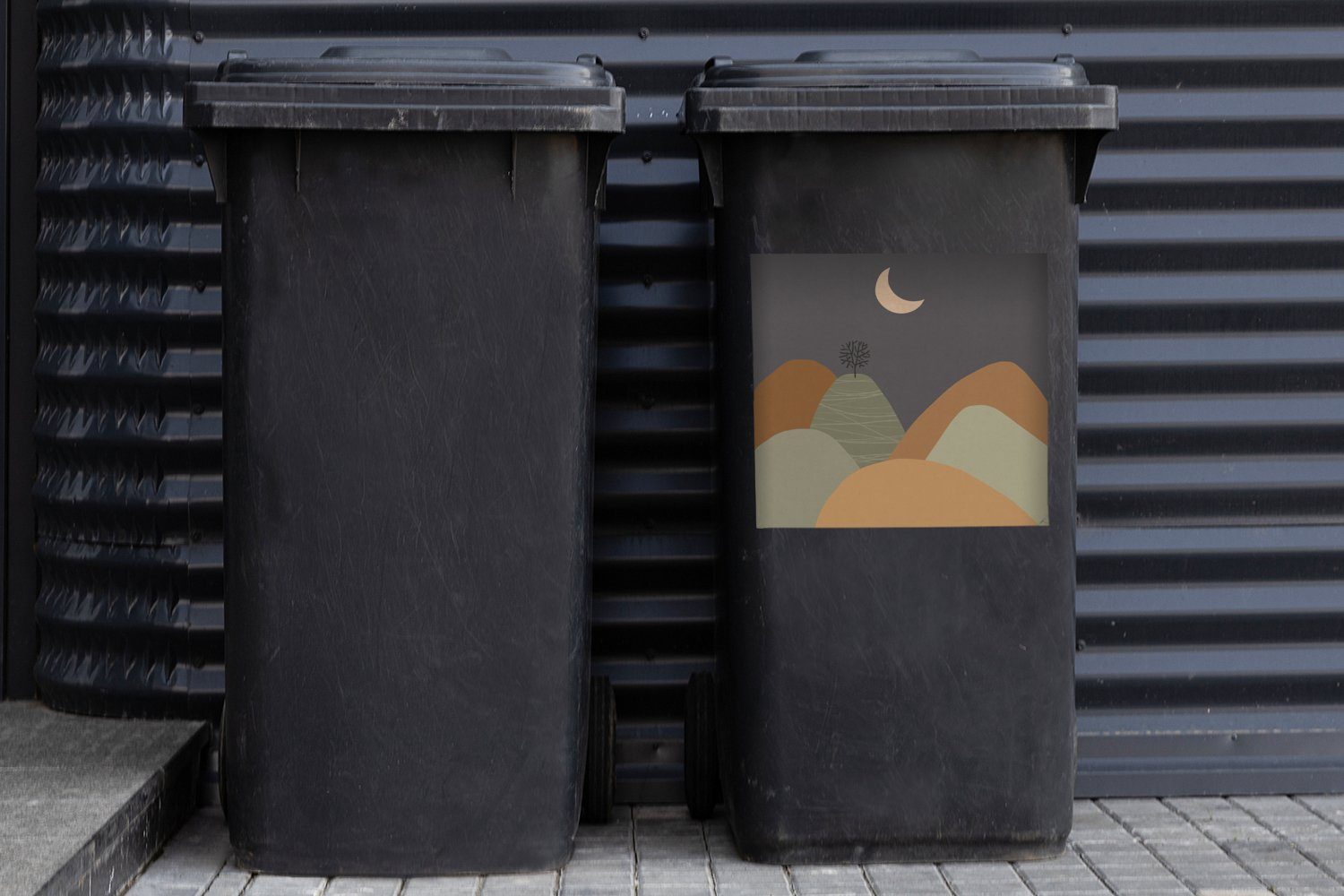 MuchoWow Wandsticker Berg - Sticker, Mond St), Abfalbehälter Mülltonne, Baum - - Pastell (1 Container, Mülleimer-aufkleber