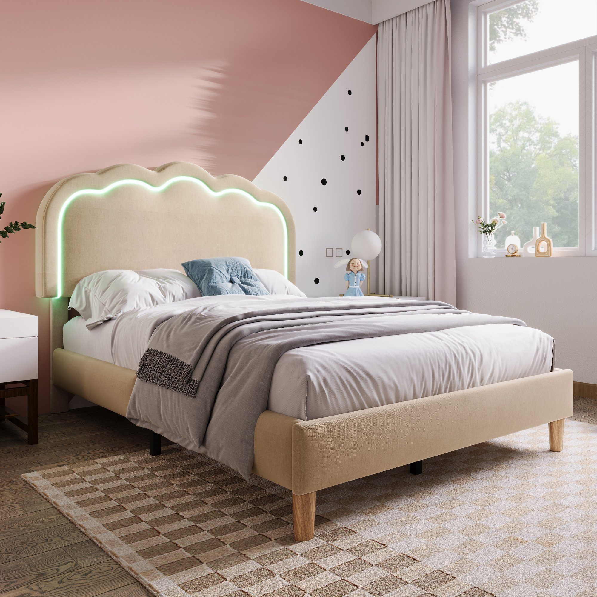 Polsterbett (Einzelbett, LED Jugendbett), mit Lattenrost & Verstellbares Kopfteil in Puff-Form, 90x200cm, Leinen
