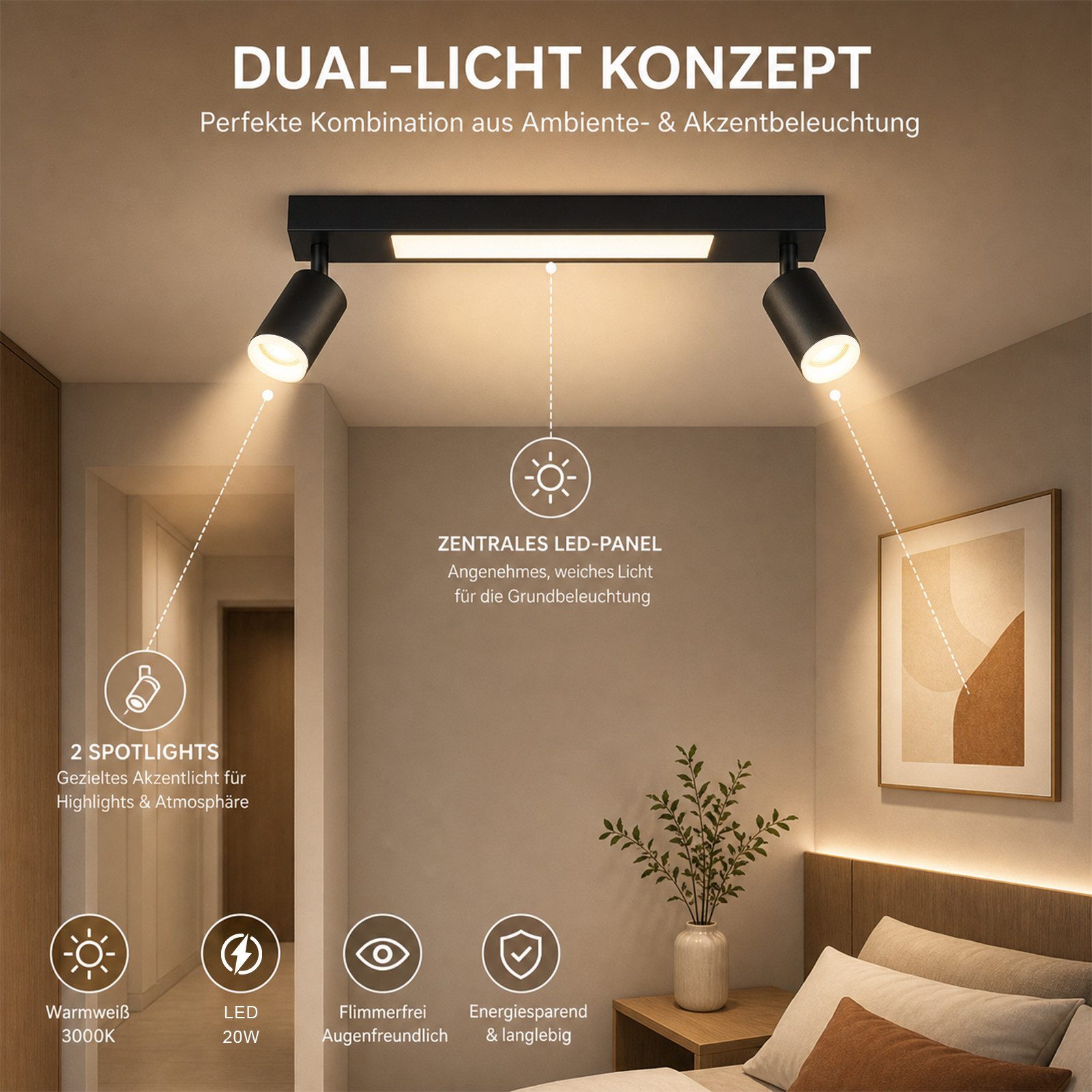 Nettlife Deckenstrahler 1/2/3/4 Flammig GU10 Modern Schwarze Deckenlampe Schwenkbar 350°, LED wechselbar, Warmweiß, Schwenkbar Flurlampe Metall für Schlafzimmer – Bild 2 von 5